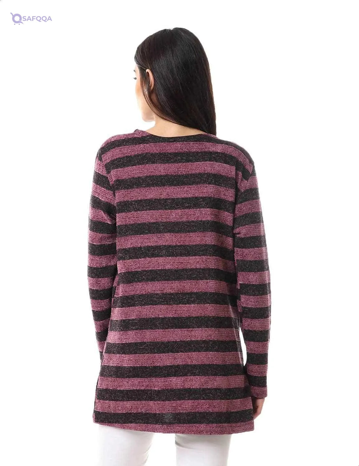 Jamila Women Striped Front Pockets Long Sleeves Open Cotton Cardigan - Safqqa