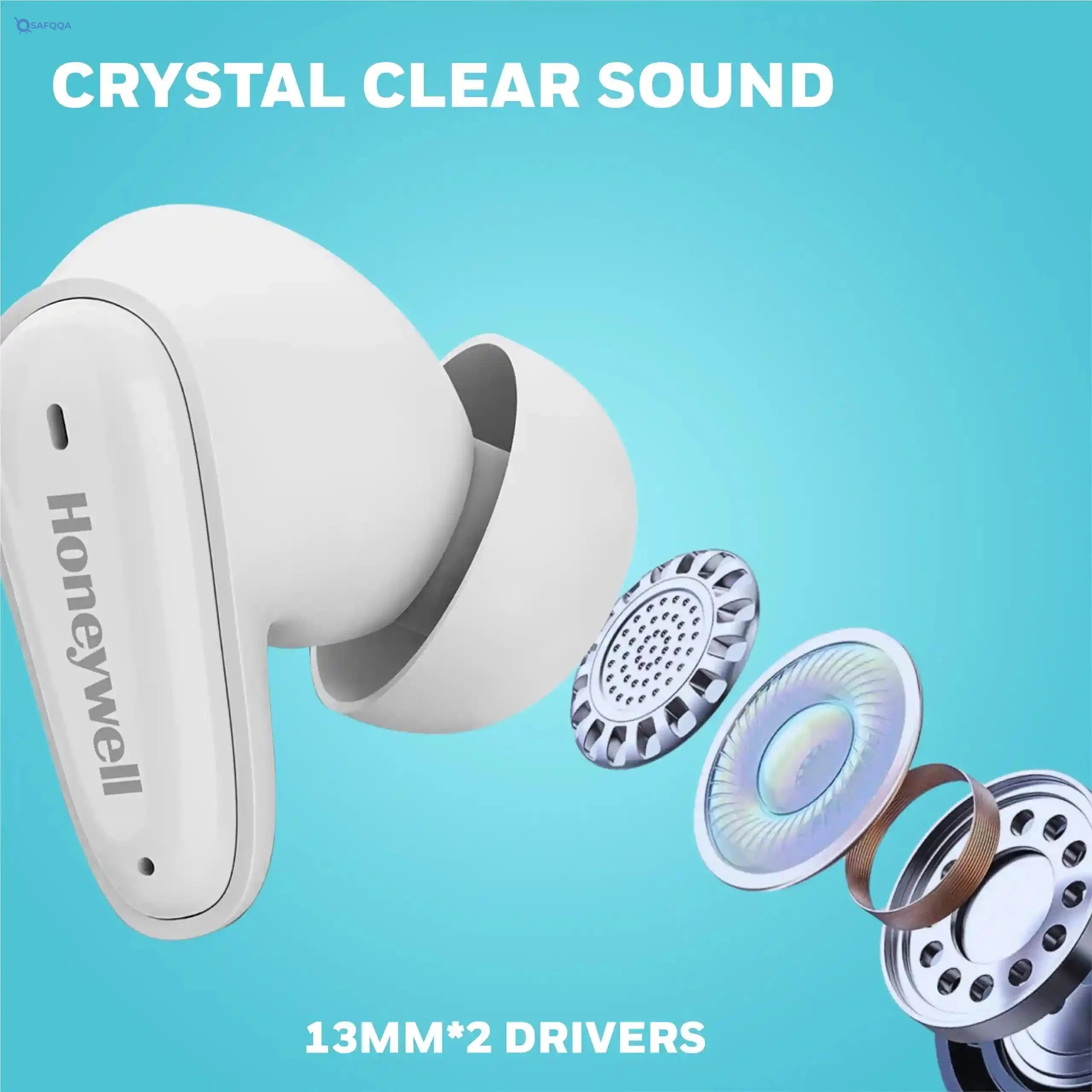 Honeywell  V1100, in-Ear True Wireless Stereo Earbuds with Digital Battery Display Case, Dual Microphones, Bluetooth V5.3, 31 Hours of Playtime, 100 Hours Stand-by, Fast Charging, White - Safqqa