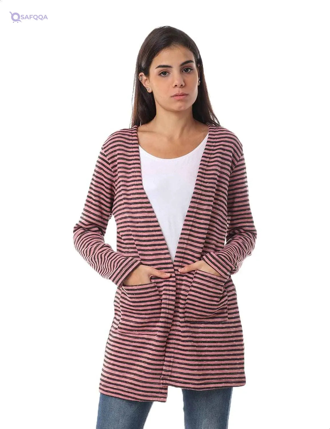 Jamila Women Hairline Stripes Front Pockets Long Sleeves Open Cotton Cardigan - Safqqa Egypt