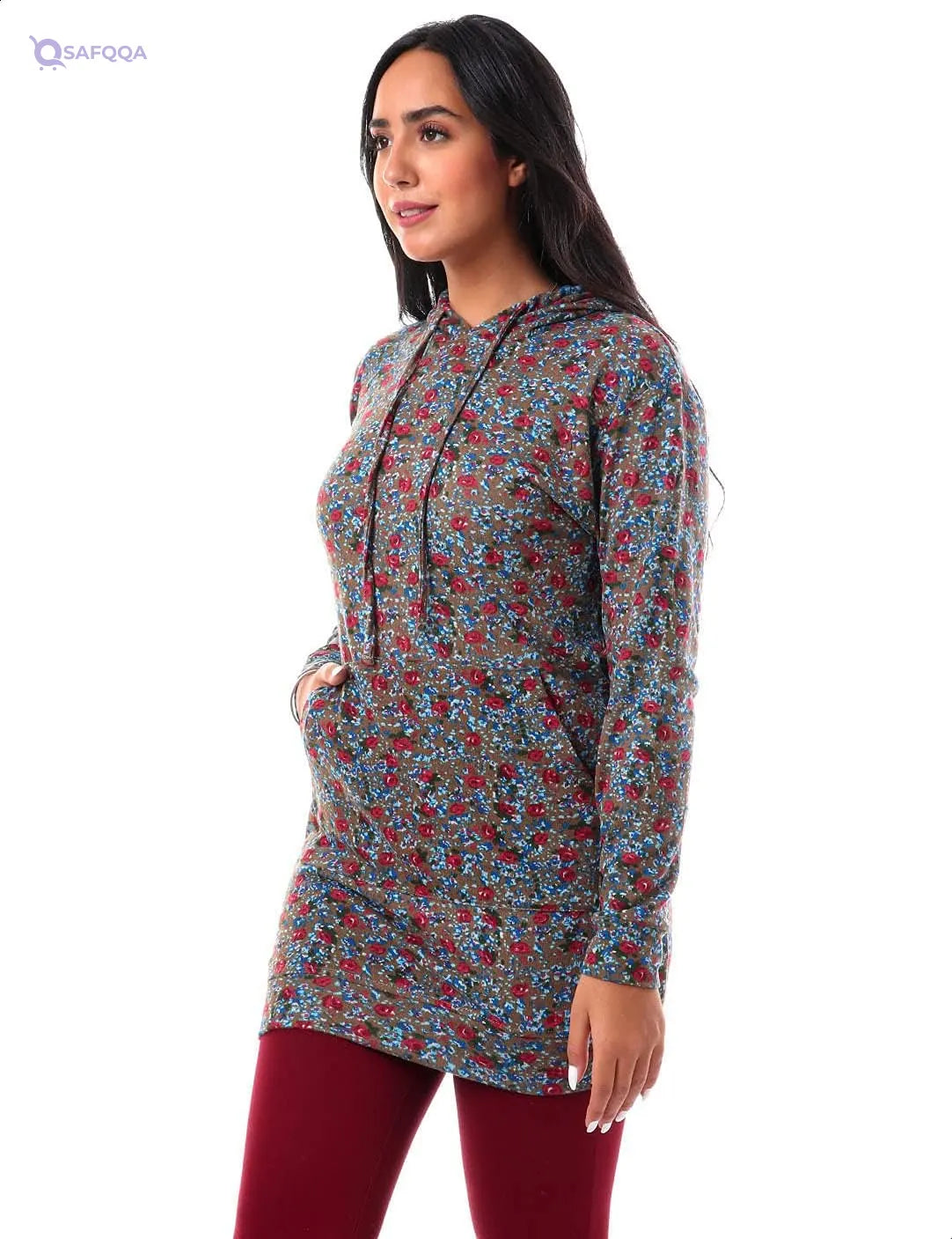 Jamila Women's Cotton Floral Pattern Kangaroo Pocket Longline Hoodie - Safqqa