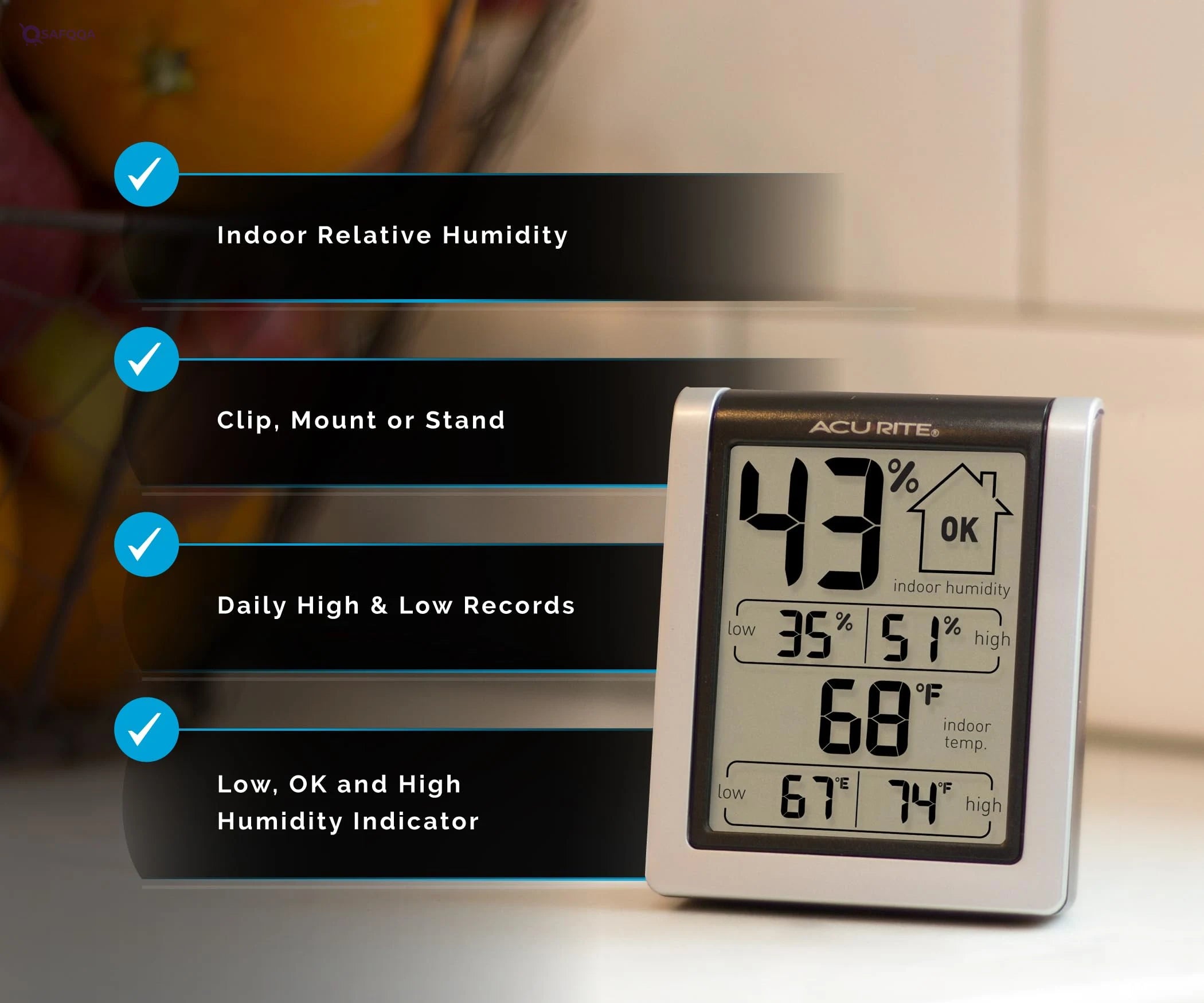 Acurite Digital Indoor Thermometer & Humidity Gauge – Pre-Calibrated - Safqqa