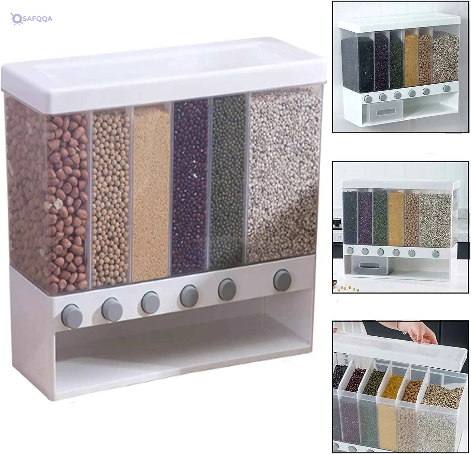 Kitchen Shelf Organizer (Transparent-5-6) Food Storage Boxes Airtight Food Storage ContainersLarge Wall Mounted Dry Food Dispenser Rice Bucket,6-Grid Rice Storage Dry Grain Storage Dried 10L - Safqqa Egypt