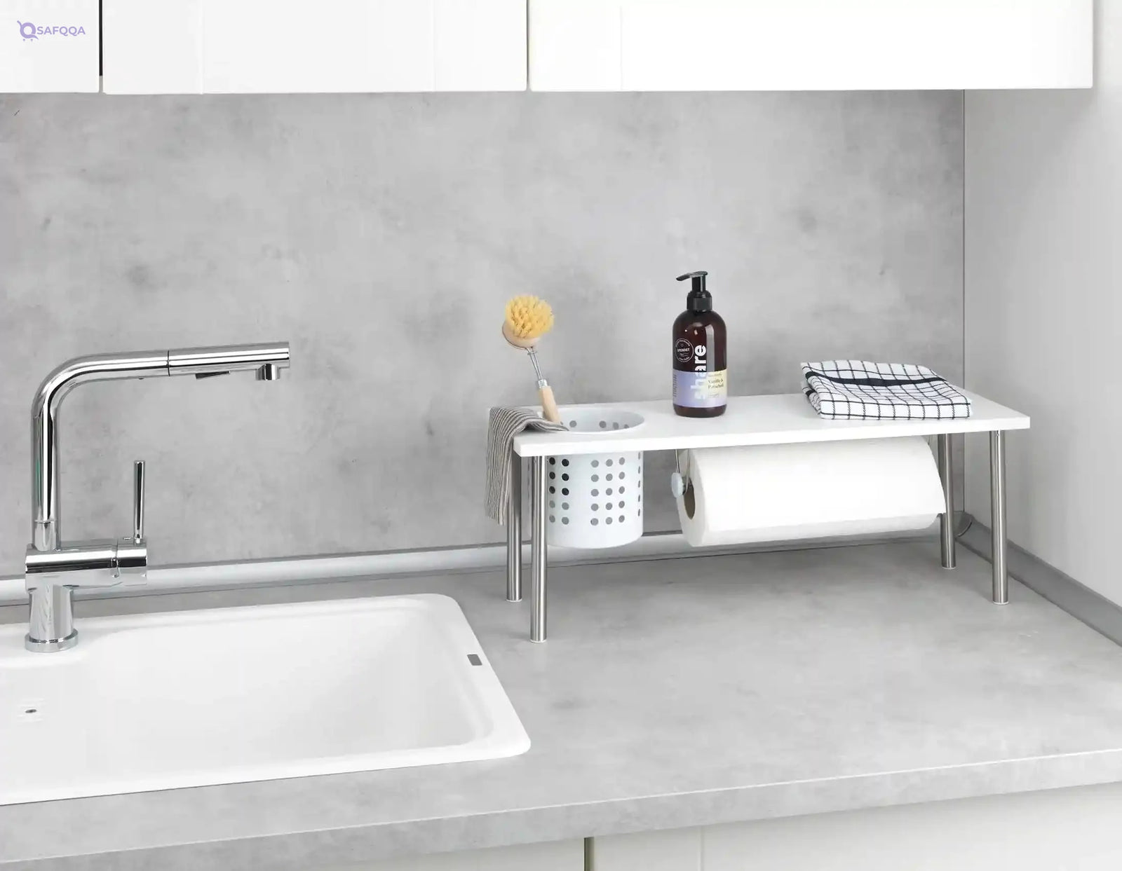 WENKO Blanco Kitchen Shelf with Roll and Utensil Holder, 55x21x18cm - Safqqa