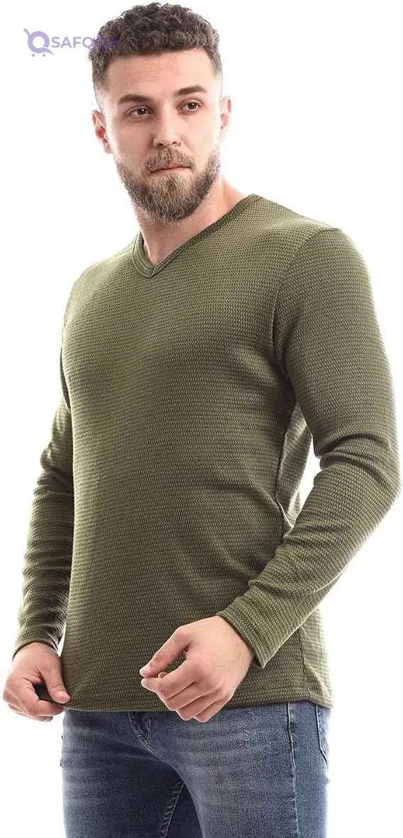 Off Cliff Men’s Plain V-Neck Long Sleeve Casual T-Shirt - Safqqa