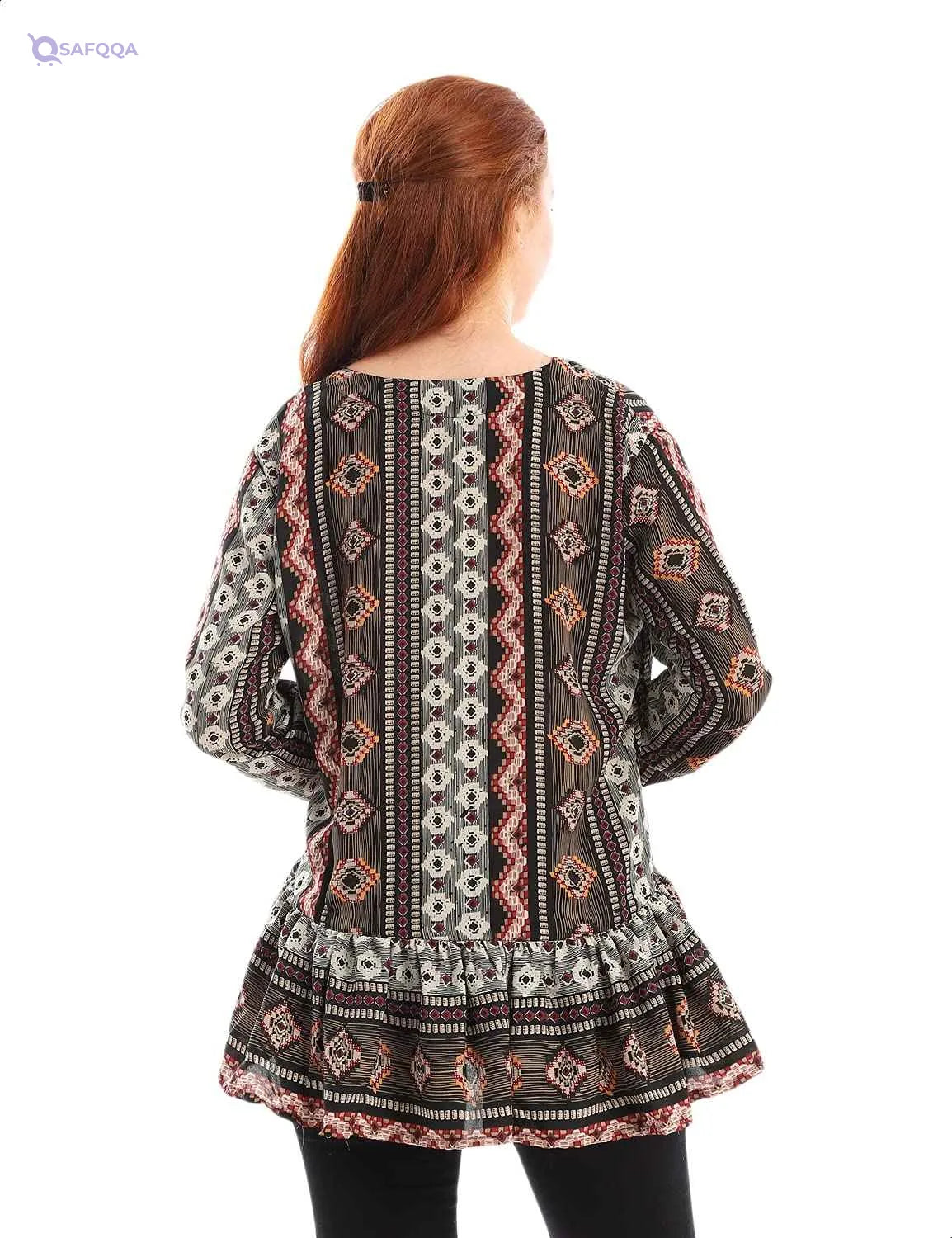 Andora Patterned Wide V-Neck Front Button Long Sleeves Blouses for Women - Safqqa Egypt