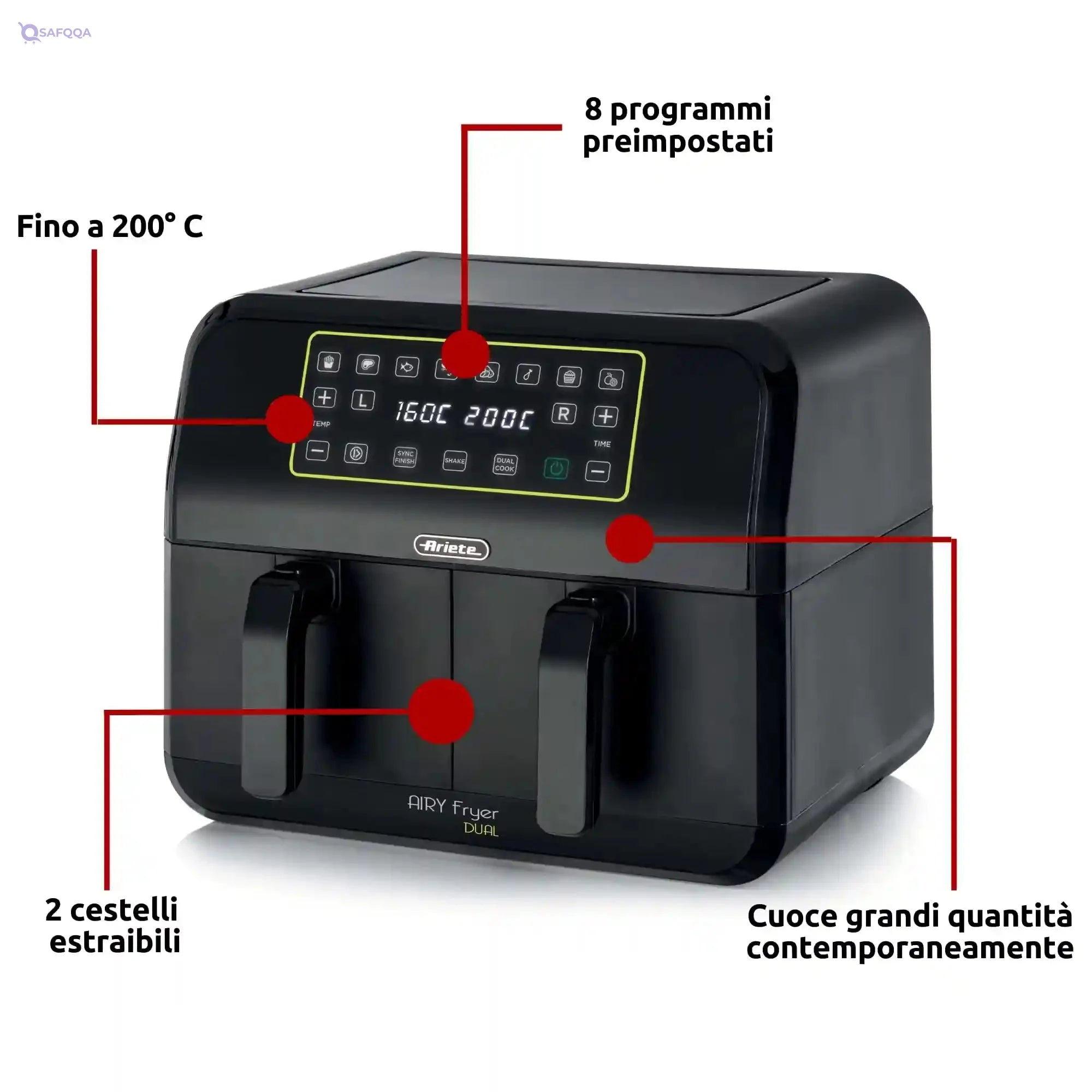 Ariete 4623 Airy Metal Air Fryer Double Basket, 1700 W, 8 Liters, 3 Cooking Functions, digital LED touch panel, 8 preset programs, timer, 2 Baskets, Black (by Delonghi Group) - Safqqa Egypt