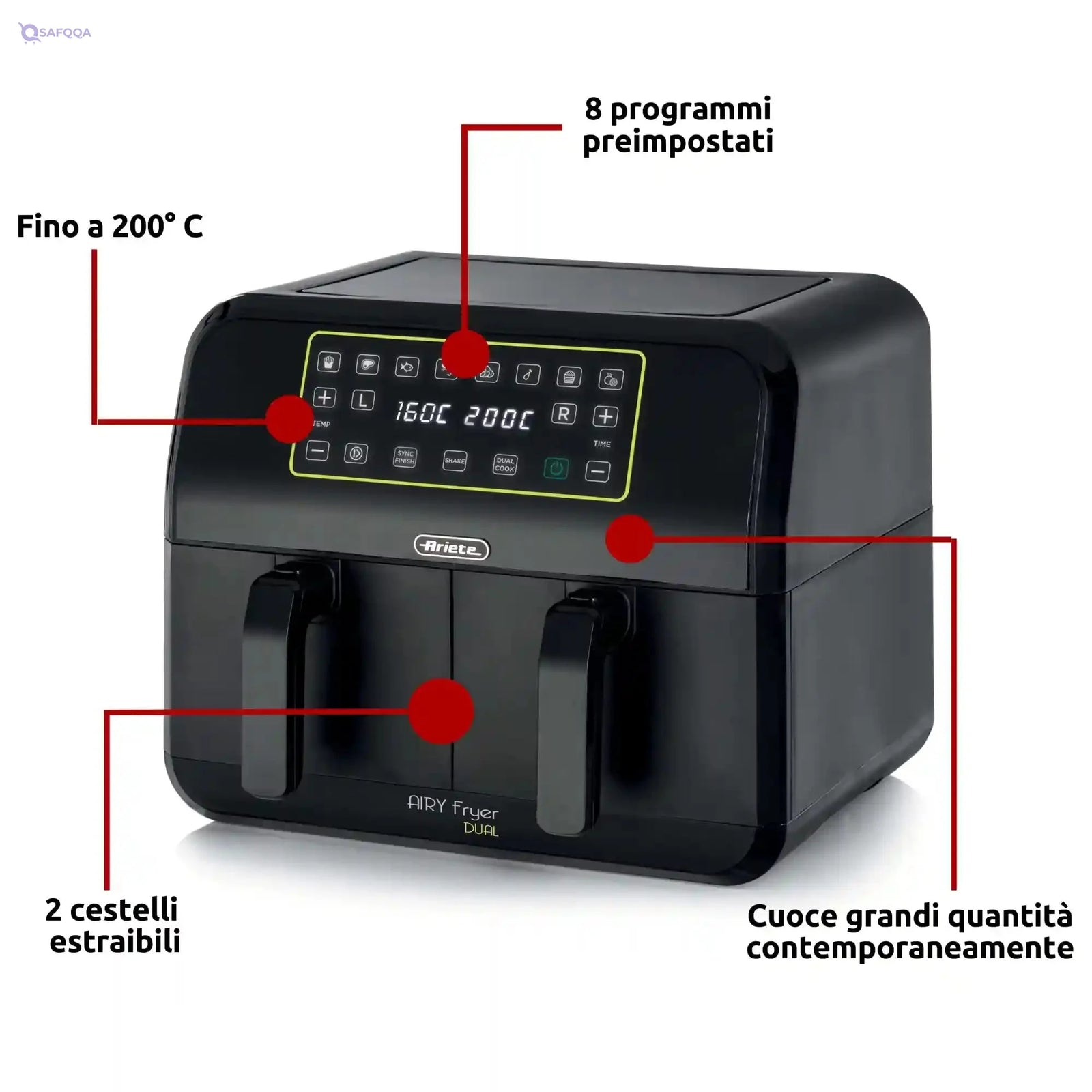 Ariete 4623 Airy Metal Air Fryer Double Basket, 1700 W, 8 Liters, 3 Cooking Functions, digital LED touch panel, 8 preset programs, timer, 2 Baskets, Black (by Delonghi Group) - Safqqa Egypt