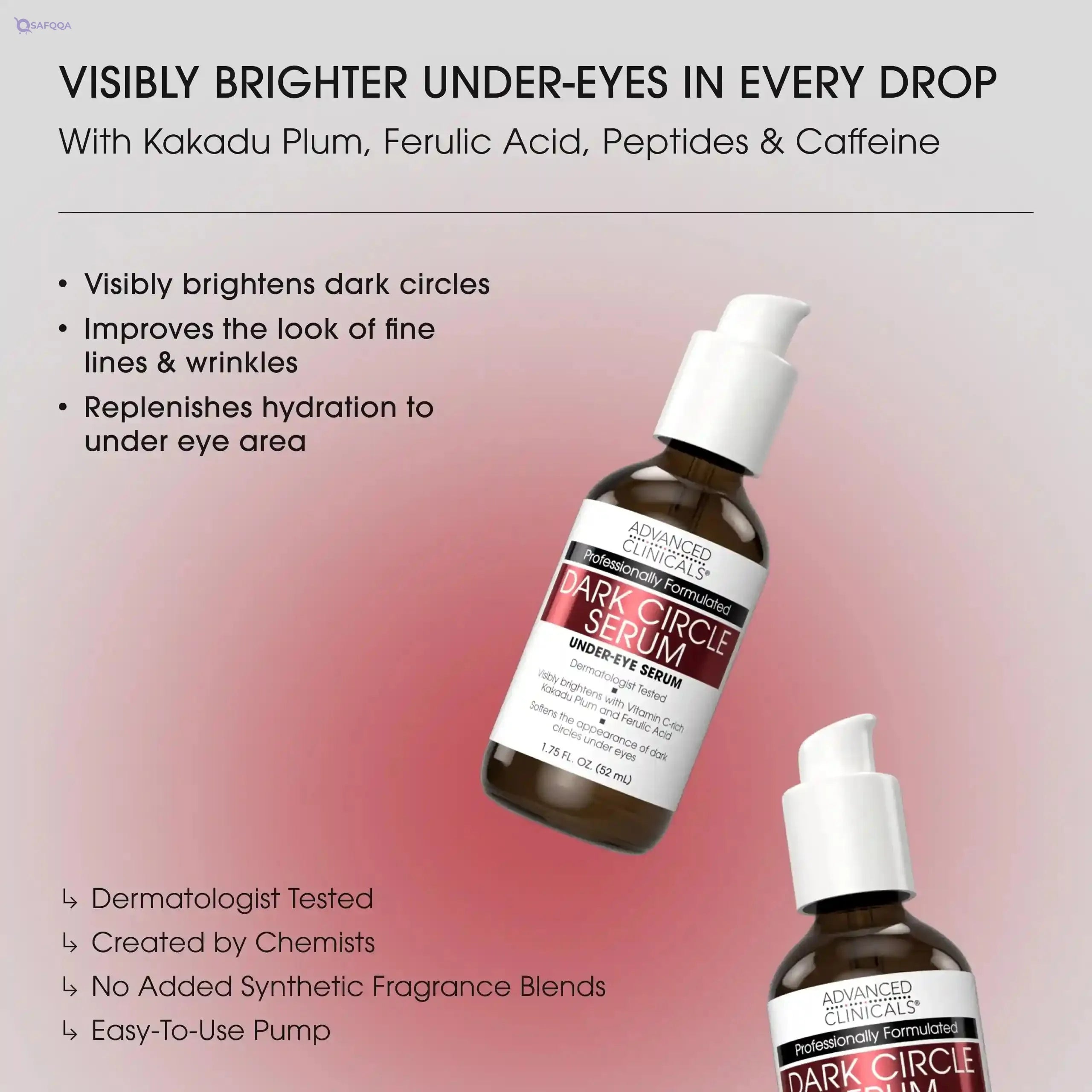 Advanced Clinicals Dark Circle Caffeine Under Eye Serum For Face With Hyaluronic Acid Moisturizer + Peptides | Brightening Vitamin C Serum Helps Improve Look Of Puffy Eye & Fine Lines, 1.75 Fl Oz - Safqqa
