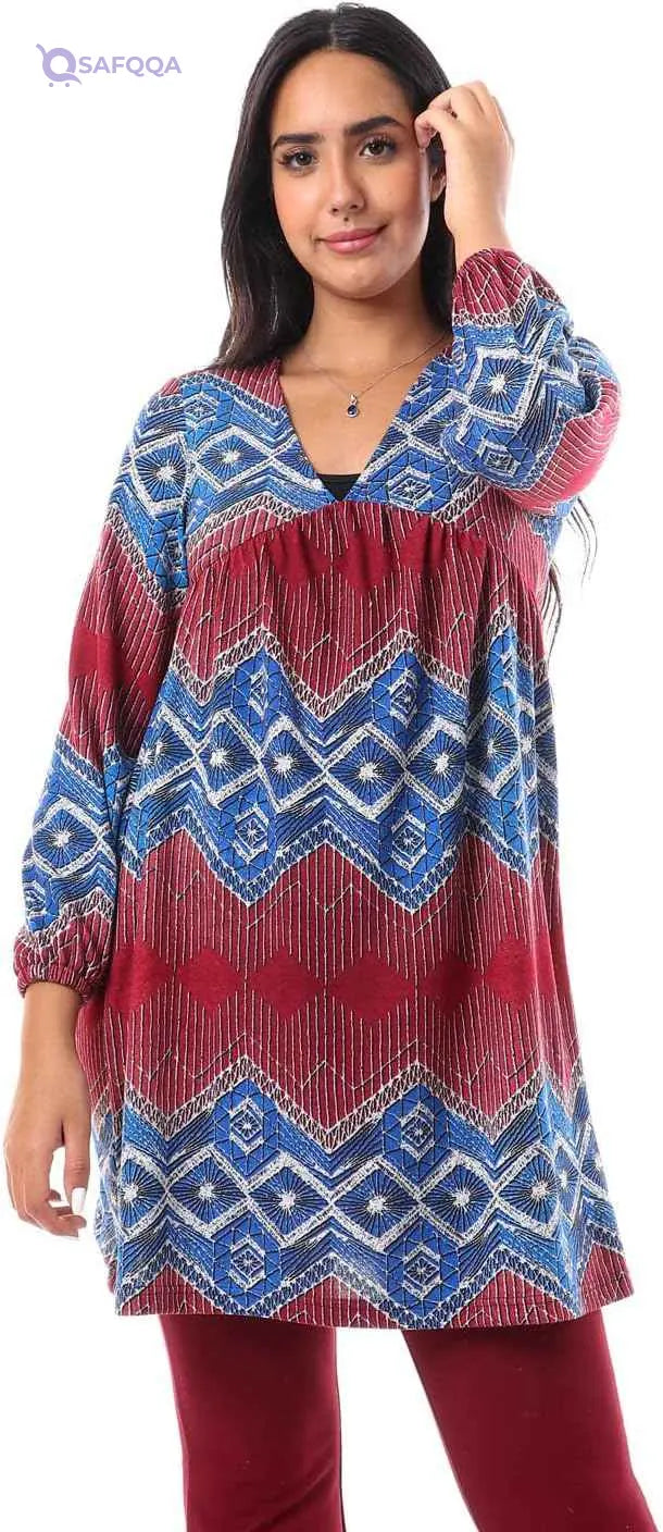 JAMILA Women's V-Neck Tunic Top with Elastic Cuffs - Safqqa Egypt