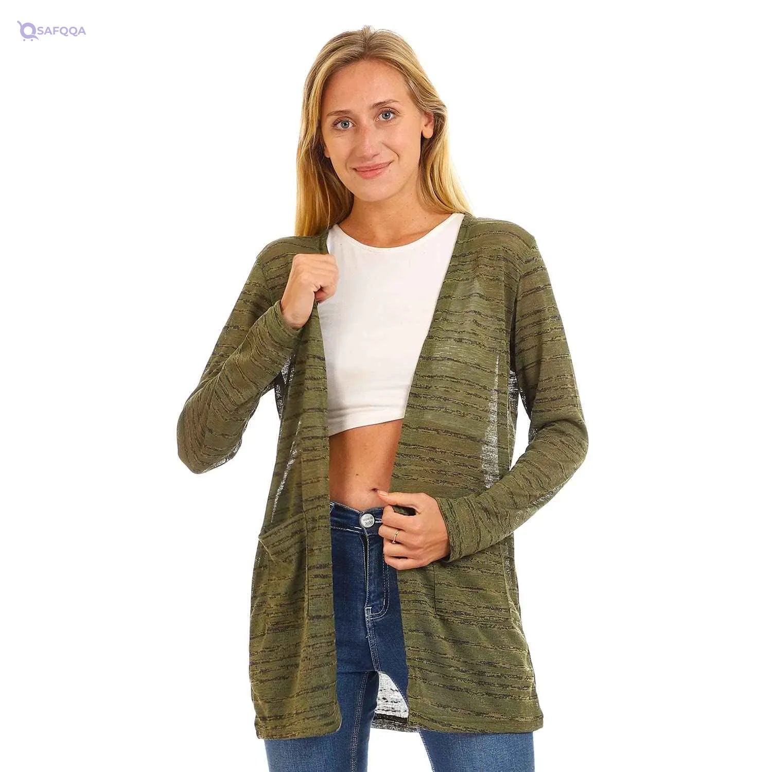 JAMILA Side Pockets Patterned Open Neckline Cardigan,Side pockets provide practicality and convenience. - Safqqa