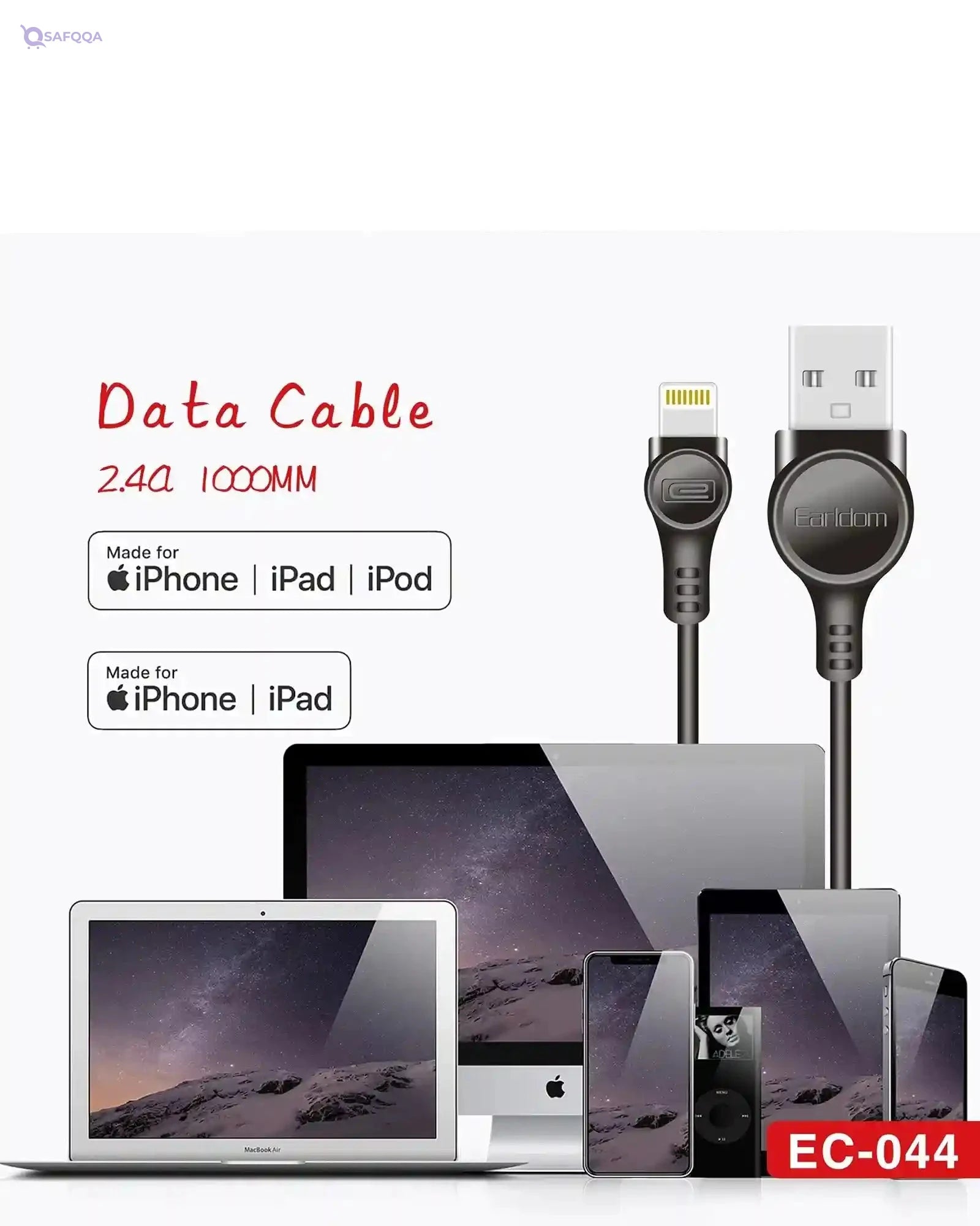 Earldom Ec-044I lightning data transmission and charging cable 1m - Black - Safqqa Egypt