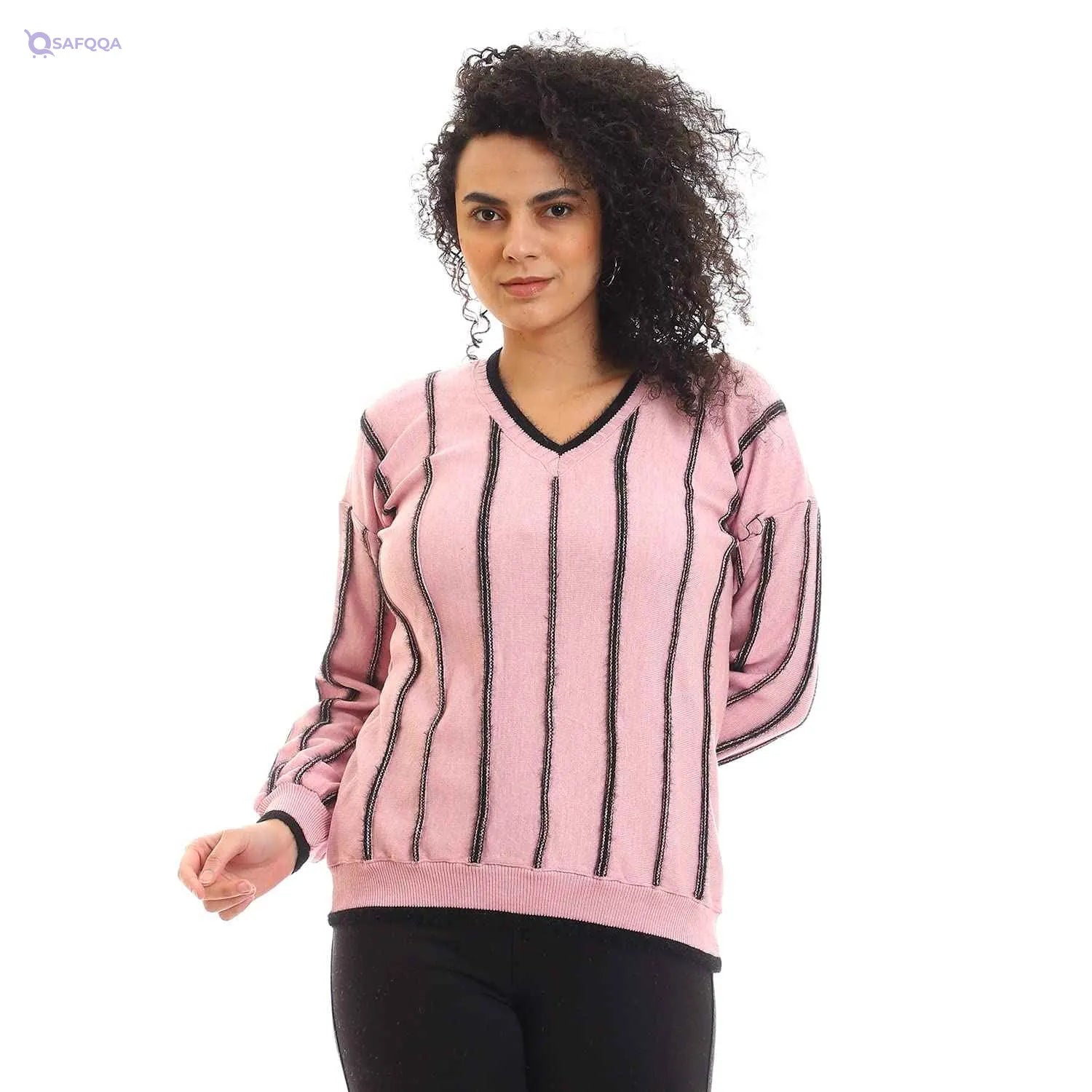 Andora Women’s Wide Striped V-Neck Slip-On Free Size Pullover Sweater - Safqqa