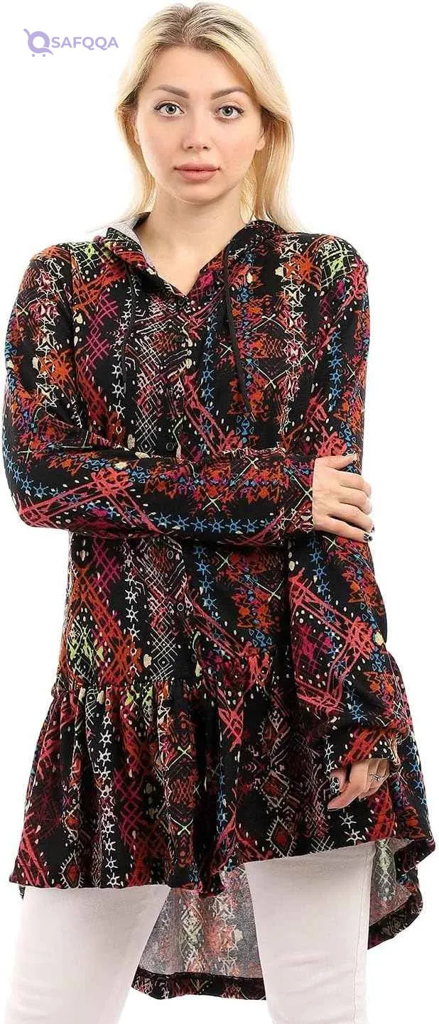 Andora Women’s Patterned Winter Blouse with Hi-Low Ruffle Hem - Safqqa