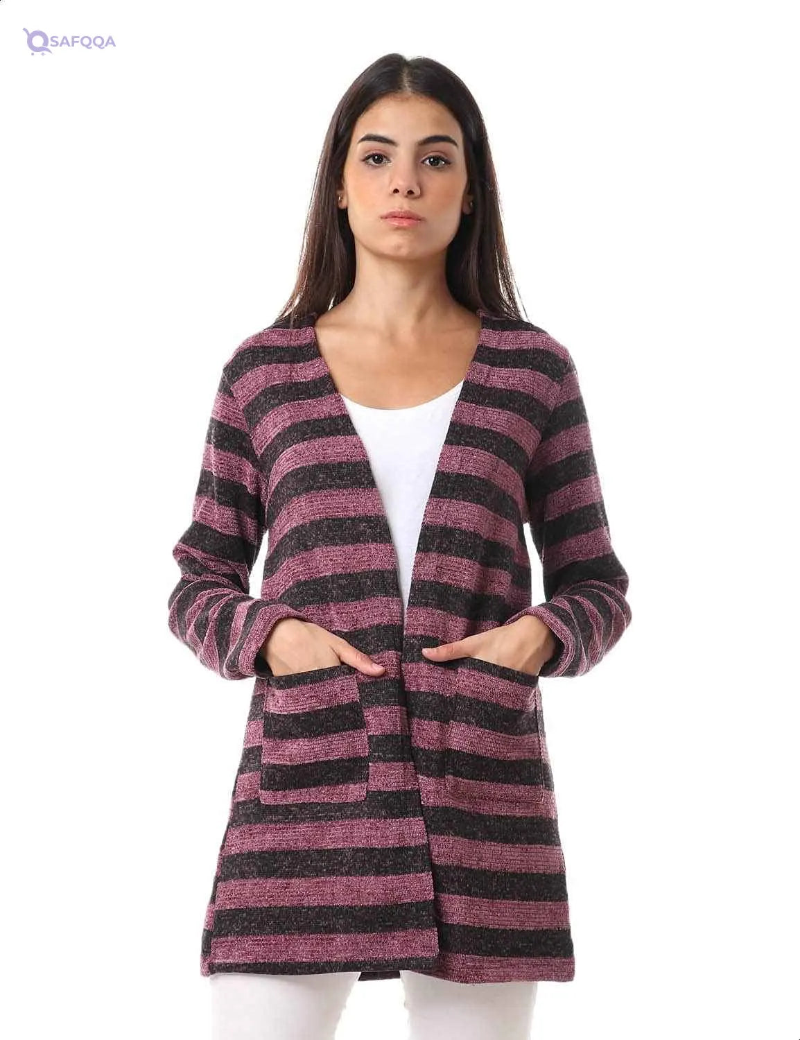 Jamila Women Striped Front Pockets Long Sleeves Open Cotton Cardigan - Safqqa
