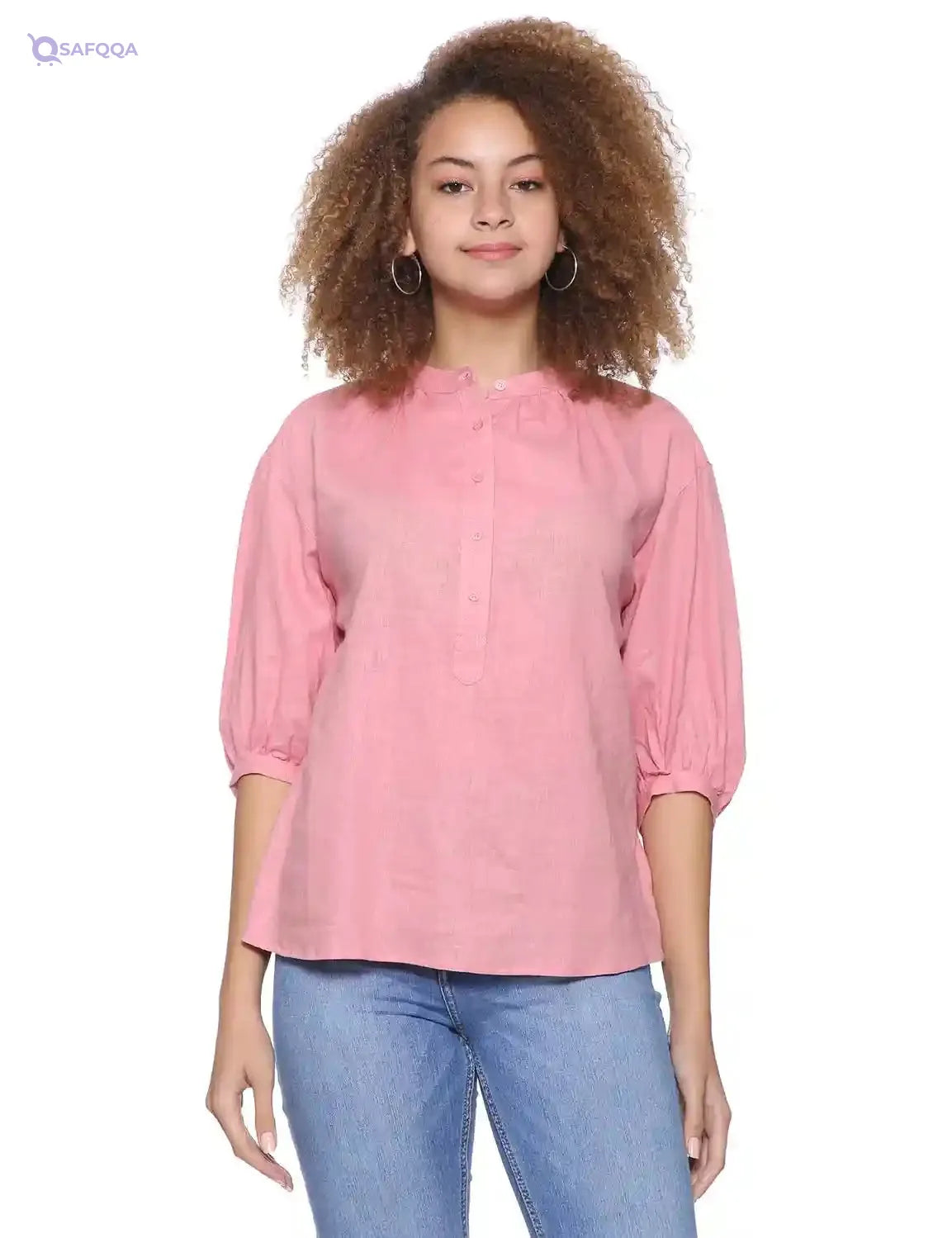 Splash Basic Mandarin Collar Front Button Three Quarter Sleeves Blouses for Women - Safqqa Egypt