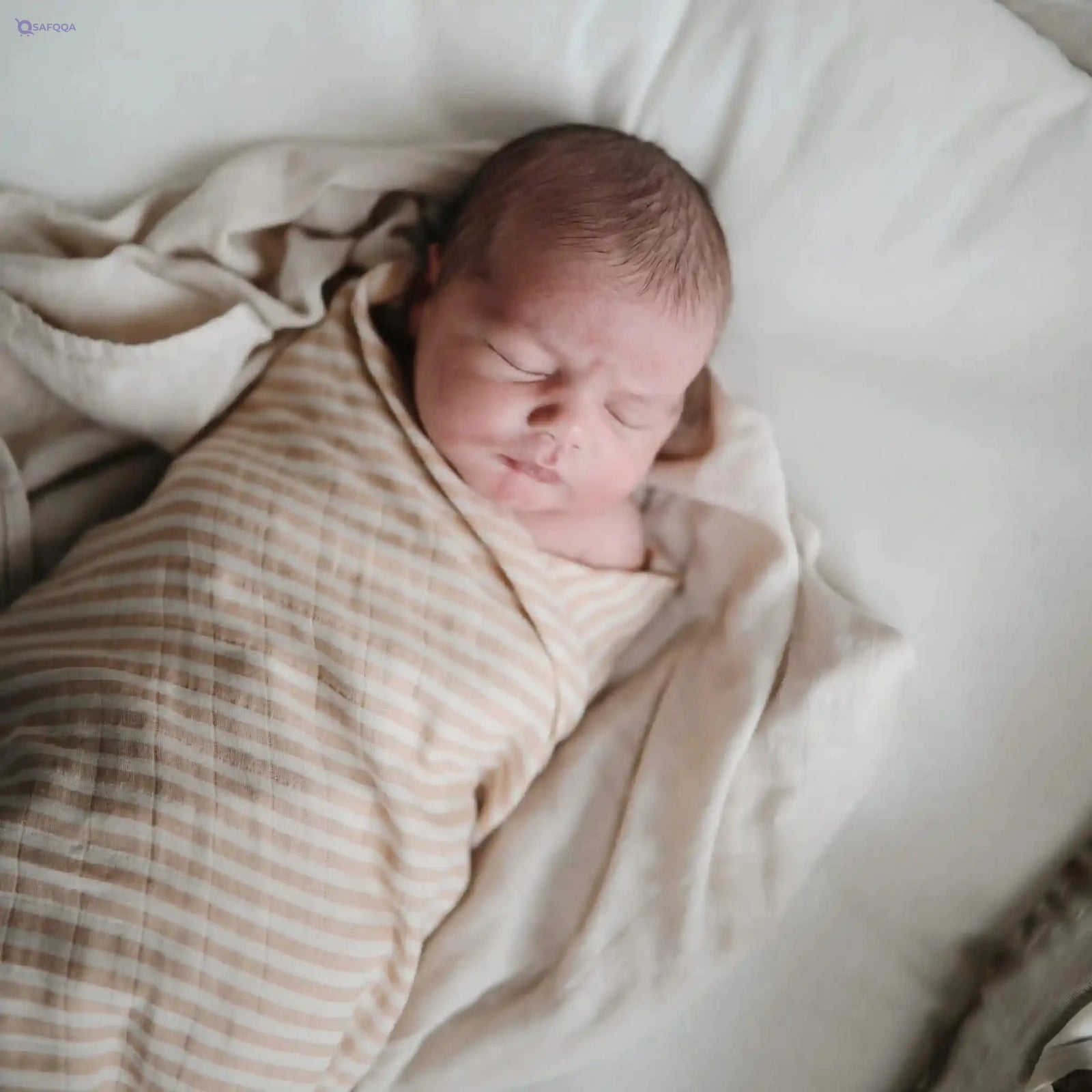 ushie Muslin Baby Swaddle Blanket | Newborn 0-3 Months | 100% Organic Cotton | Infant Sleep Sack | Pre-Washed | Receiving Blanket | Natural Stripe - Safqqa
