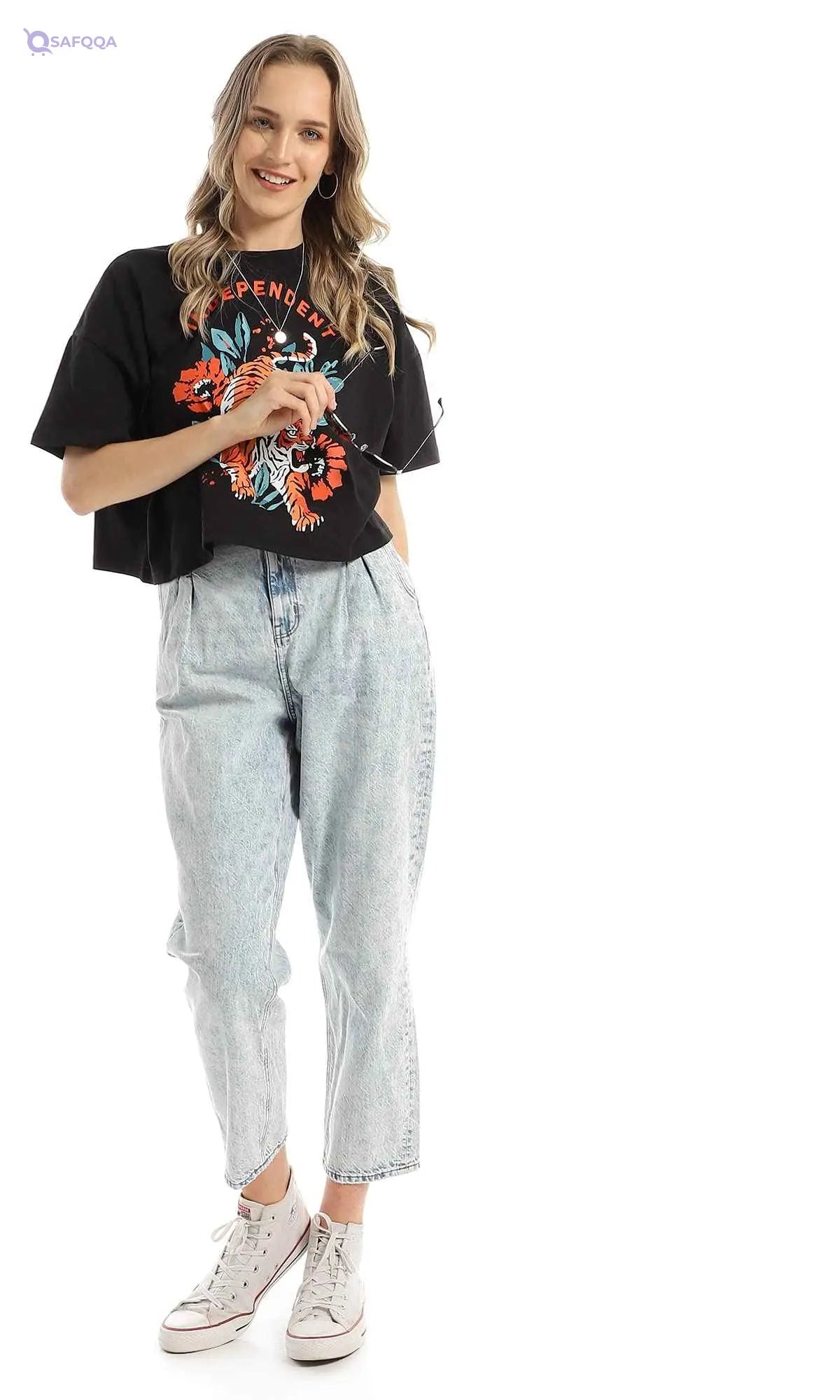 Ravin 97667 Printed "Tiger" Crew Neck Drop Shoulders Black Cropped Tee - Safqqa Egypt