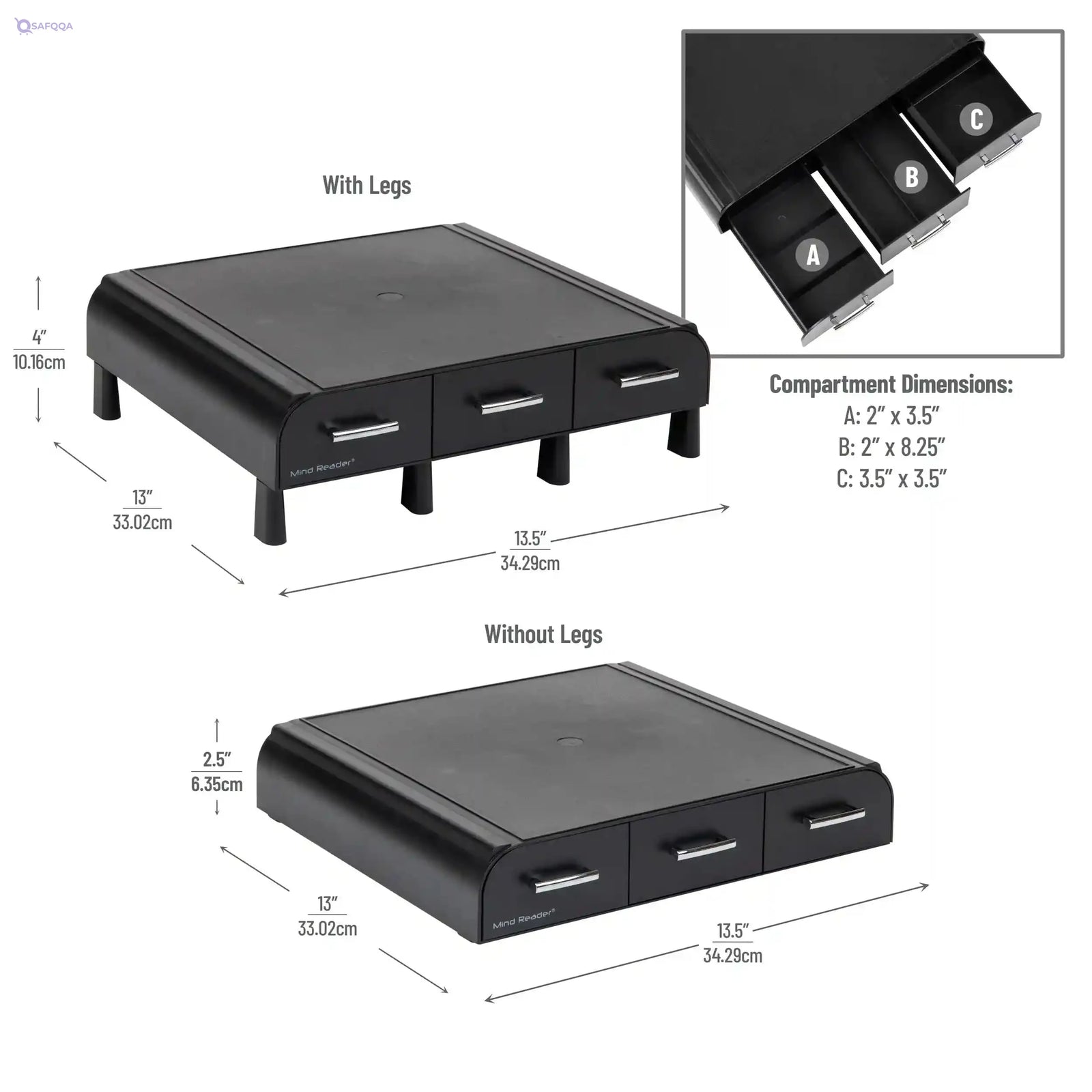 Mind Reader IMAC Monitor Stand and Desk Organizer with 3 Draws for Storage, 2-Pack, Black - Safqqa