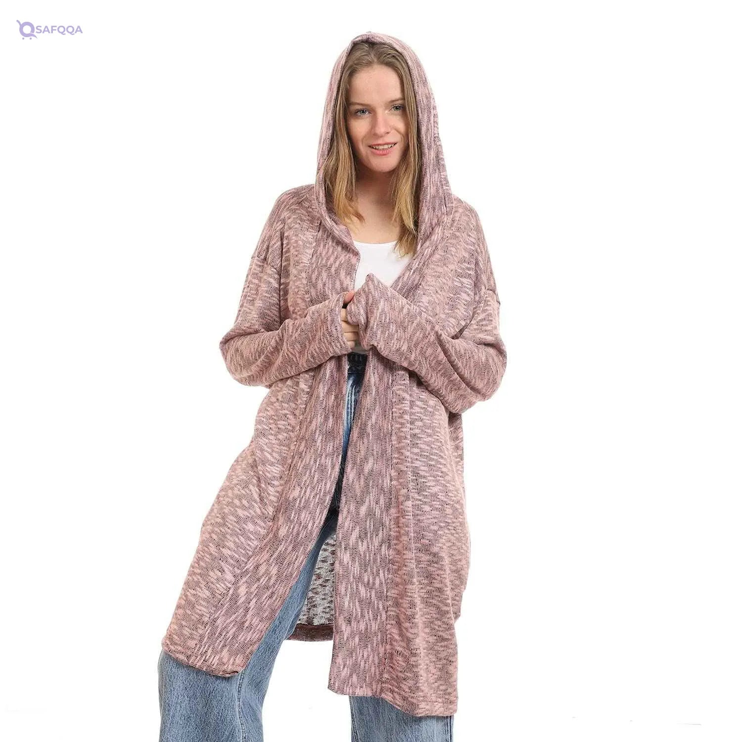 JAMILA Women’s Hooded Winter Cardigan Sweater – Open Neckline - Safqqa