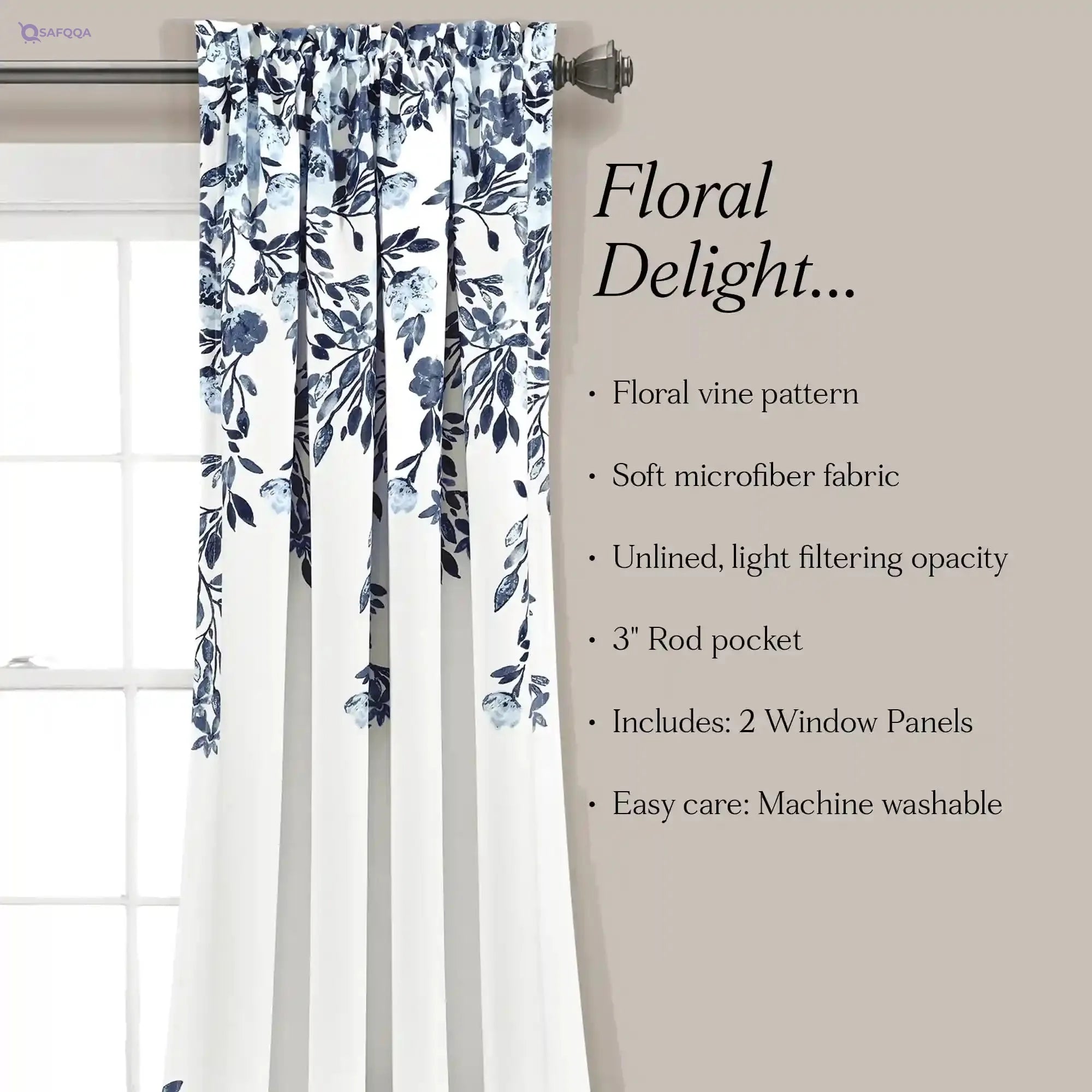 Lush Decor Navy and White Tanisha Curtains Room Darkening Floral Vine Print Design Window Panel Set (Pair), 95" x 52" - Safqqa