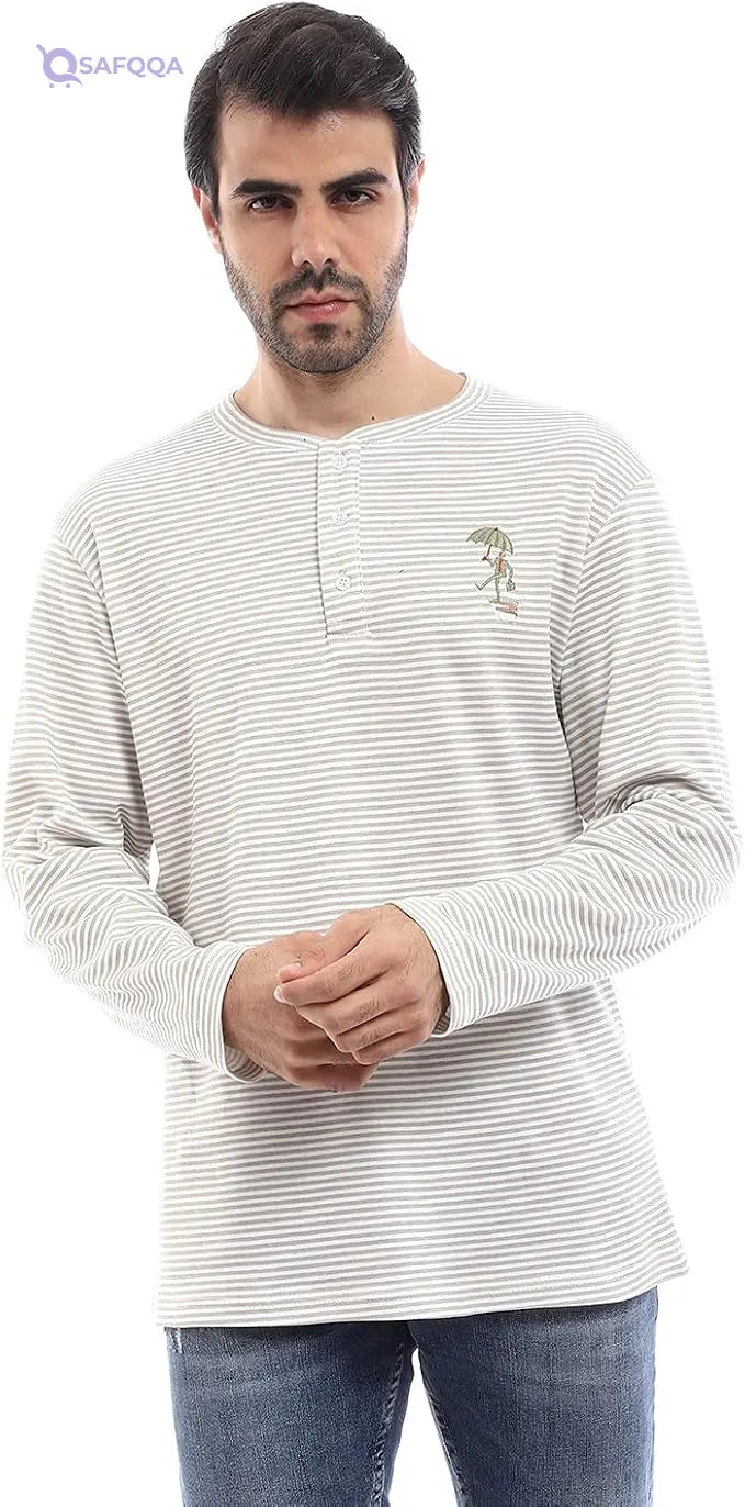 offcliff Men stripped long sleeves henly necktop with side broderie - Safqqa