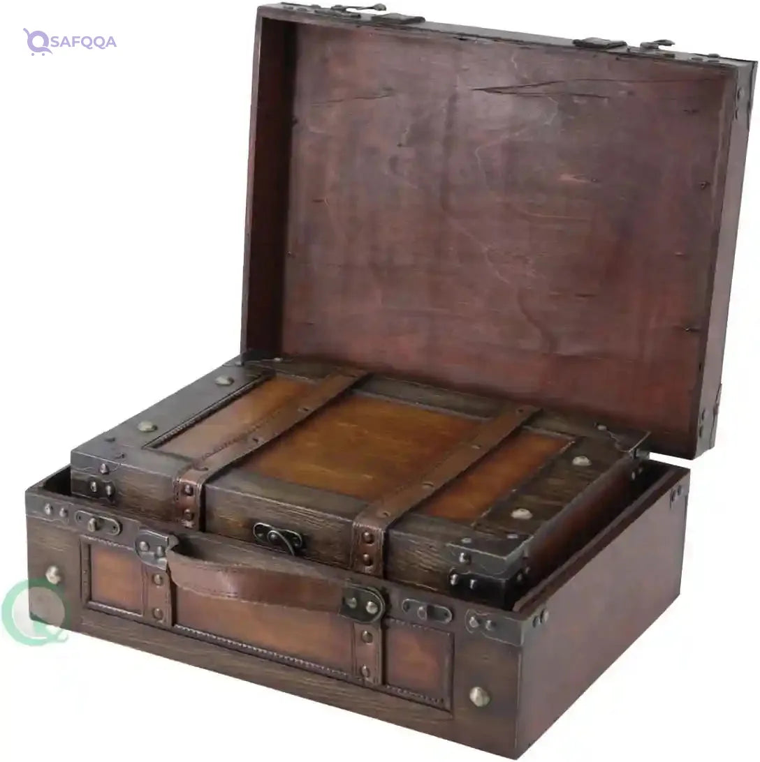 Vintiquewise Old Style Suitcase/Decorative Box with Straps, Wood, Antique Brown, Set of 2 Stackable design for decorative appeal and easy storage. - Safqqa