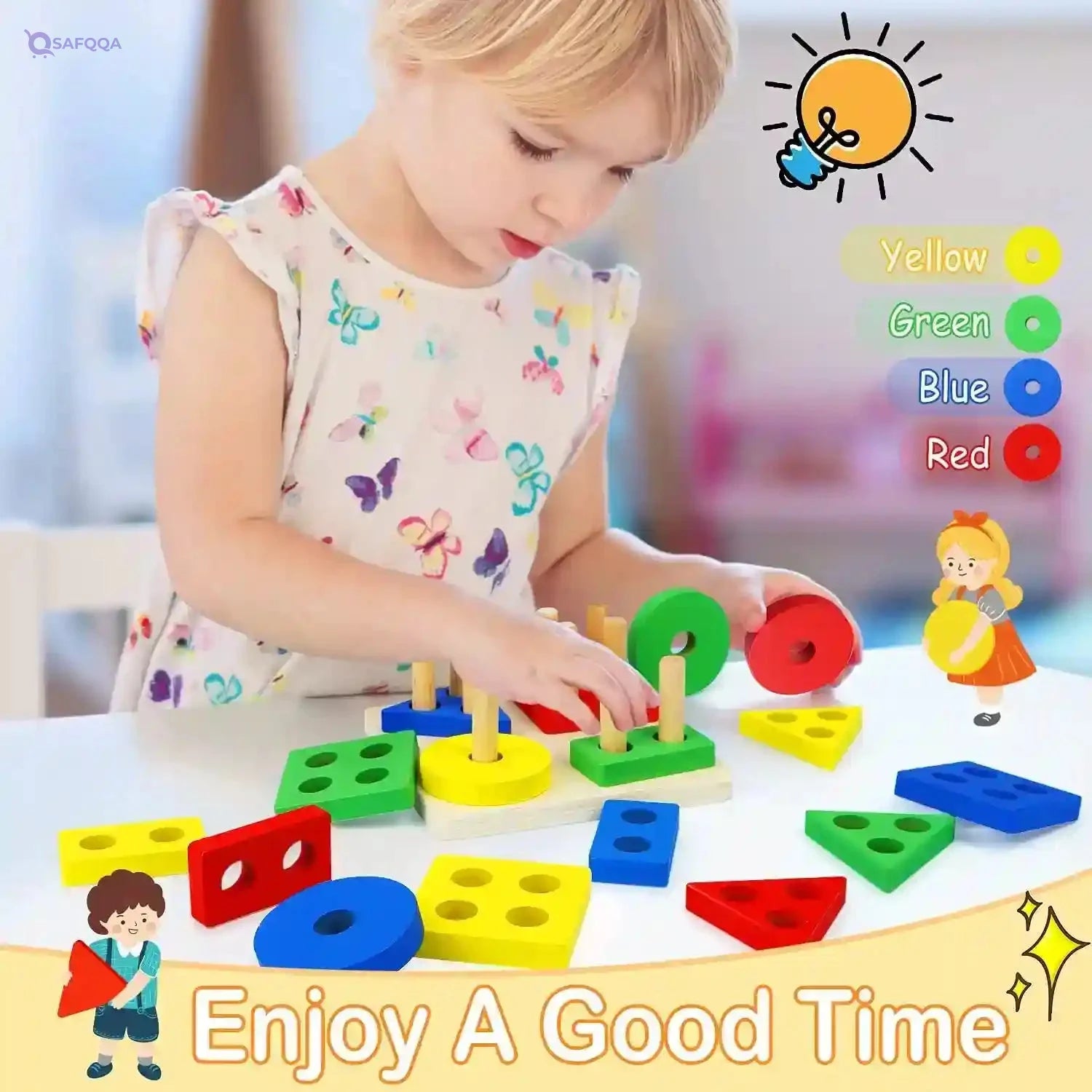 YelaJoy Wooden Stacking Montessori Toys, Toddler Puzzle Colorful Shape Sorter Stacker, Baby Wooden Toys for Early Development & Fine Motor Skills, Toddler Puzzles (Standard Geometric Shapes) - Safqqa