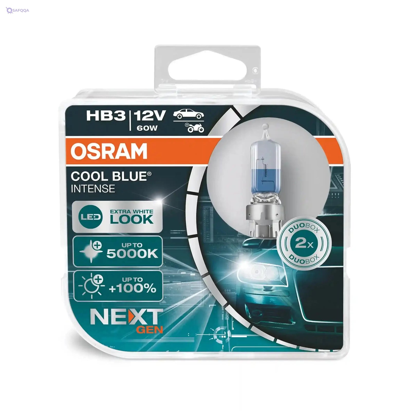 OSRAM BLUE INTENSE HB3, +100% more brightness, up to 5,000K, halogen headlight lamp, LED look, Duo box (2 lamps) - Safqqa
