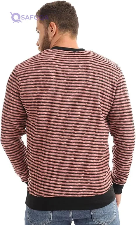Offcliff Men’s Henley Striped Sweatshirt with Long Sleeves and Buttons - Safqqa