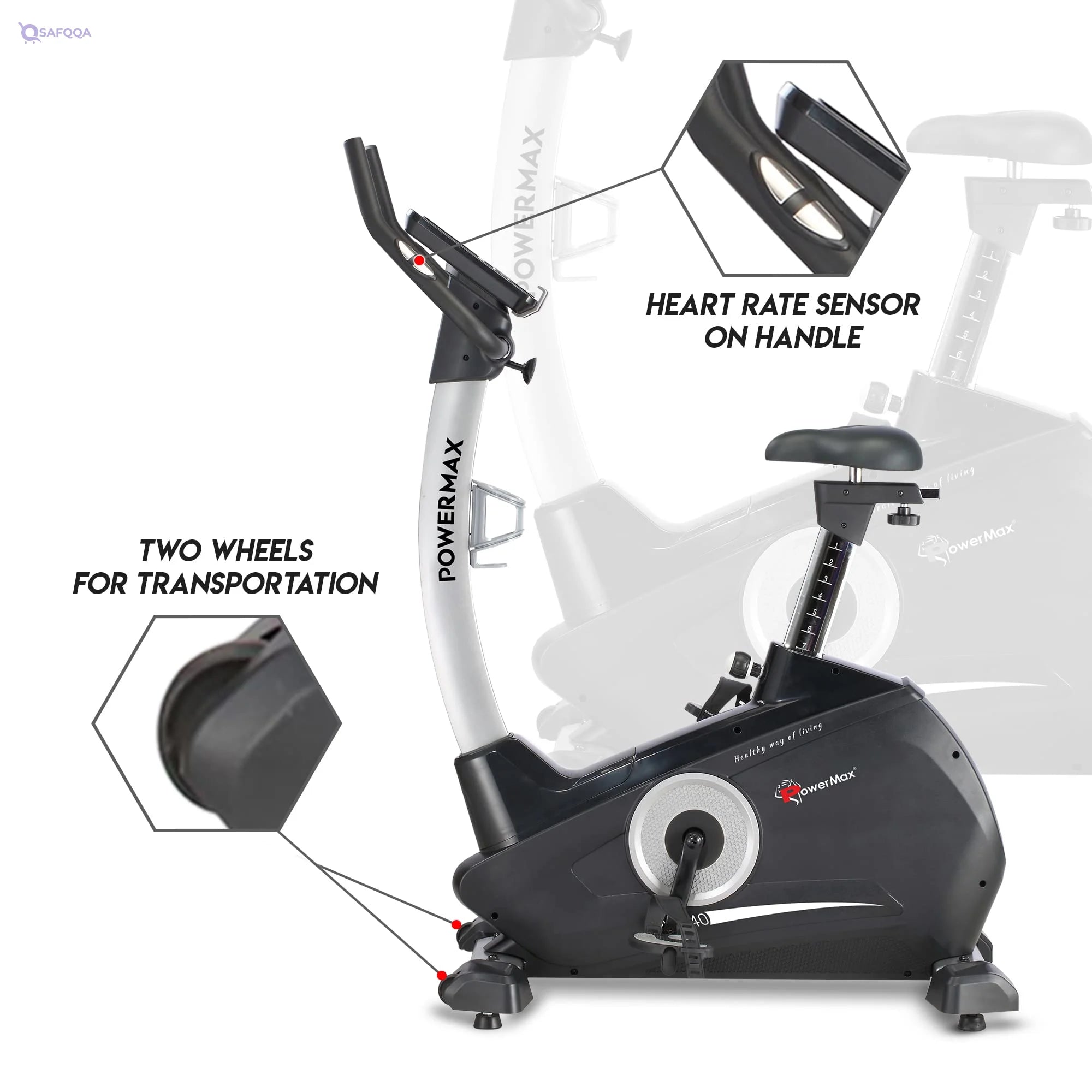 PowerMax Fitness BU-740 Upright Exercise Bike for Home Use – 8Kg Flywheel, 120kg Capacity, LCD Display, 10-Level Resistance - Safqqa