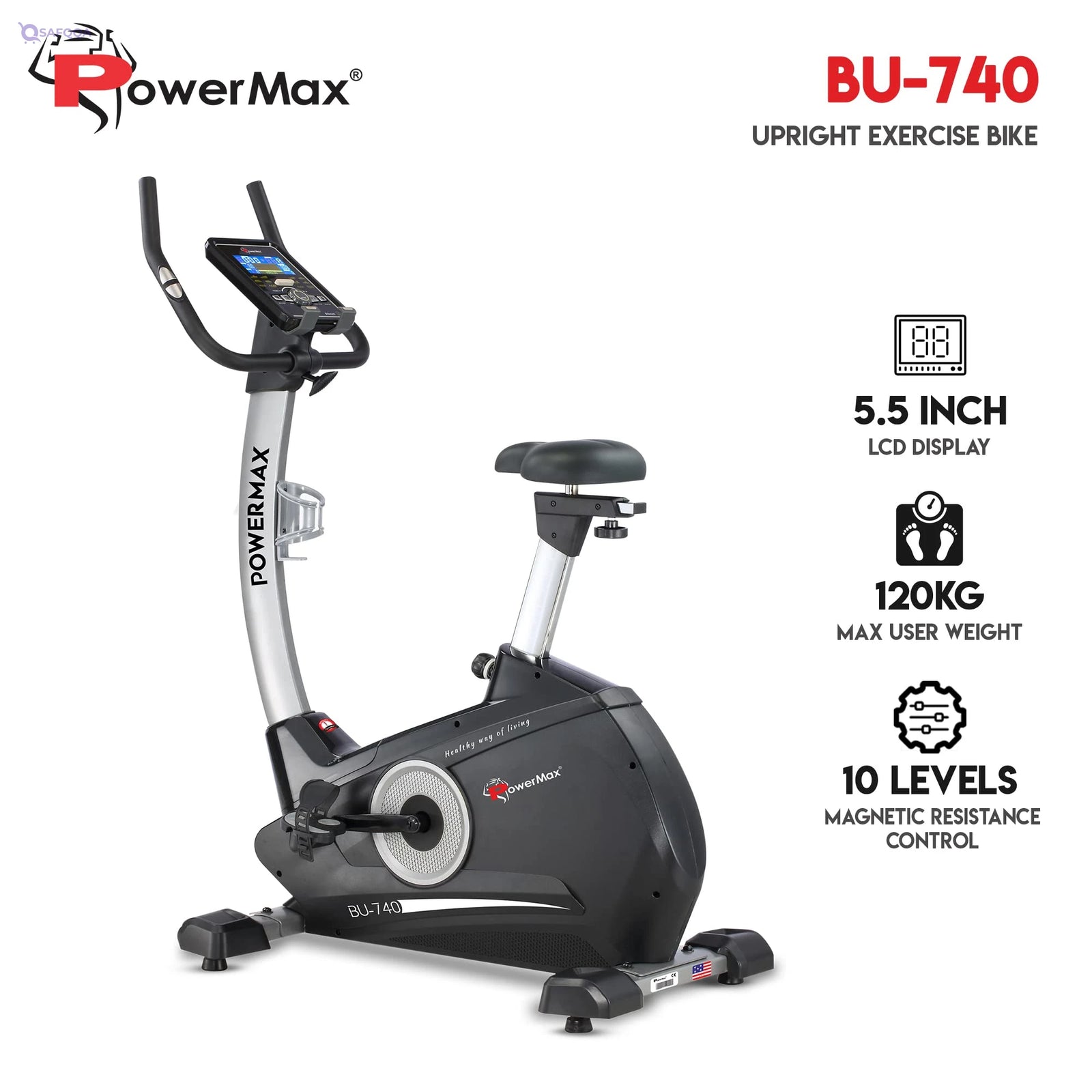 PowerMax Fitness BU-740 Upright Exercise Bike for Home Use – 8Kg Flywheel, 120kg Capacity, LCD Display, 10-Level Resistance - Safqqa