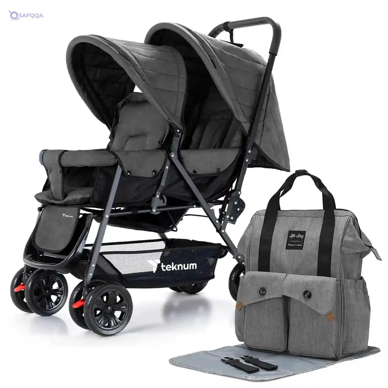 TEKNUM Double Baby Stroller Pram + Diaper Bag wt Stroller Hooks & Changing Mat + Pouch Wide Seat and Canopy Big Basket 5 Point Seat Belt Cushioned Seat (6-36 Months ) -Dark Grey - Safqqa
