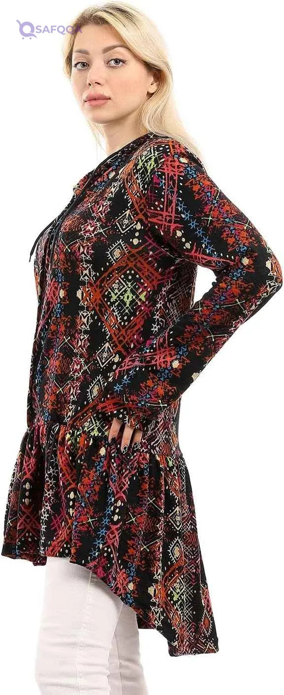 Andora Women’s Patterned Winter Blouse with Hi-Low Ruffle Hem - Safqqa
