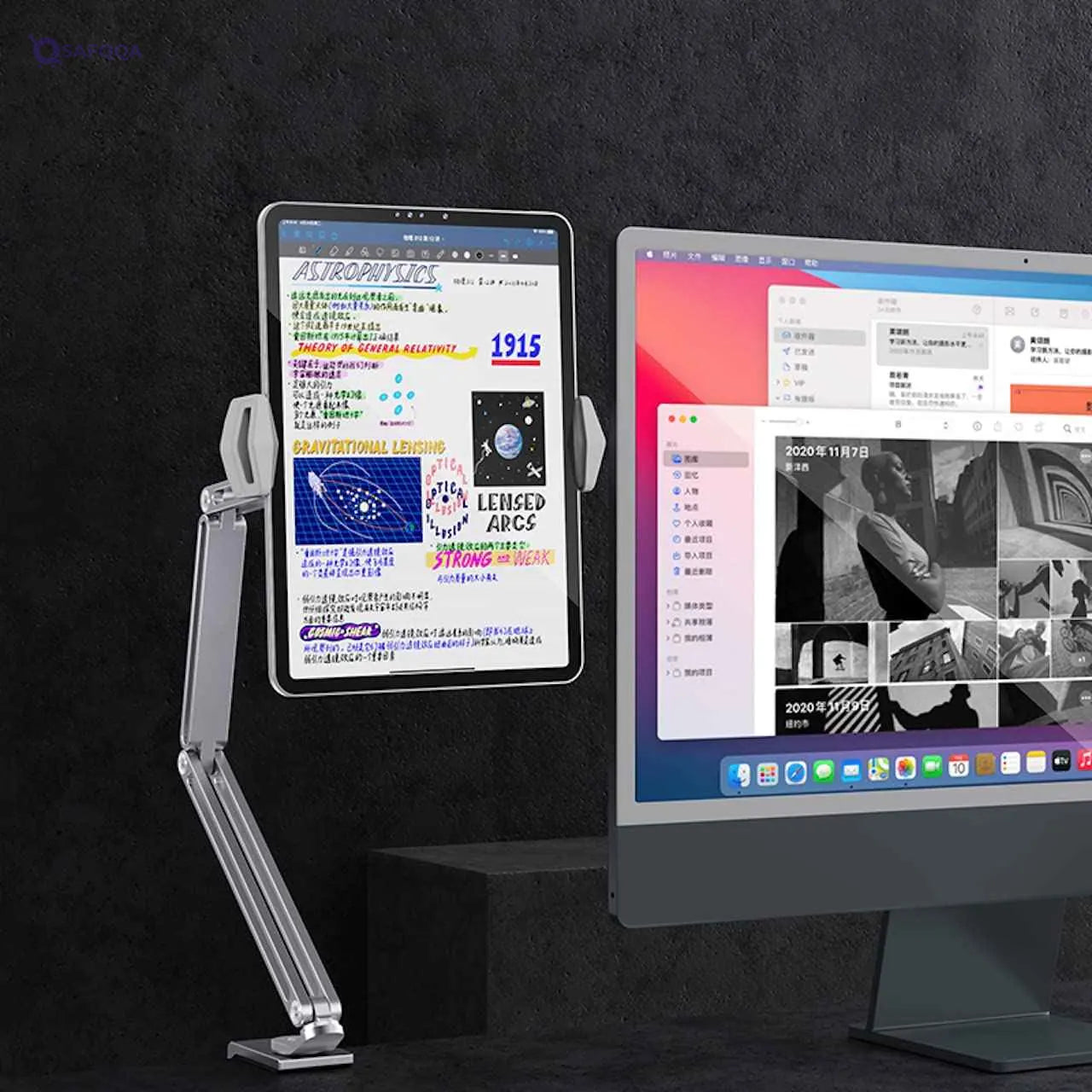 long arm tablet stand three shaft design multi angle adjustable desktop aluminum holder, compatible to 4-13inch devices - grey - Safqqa