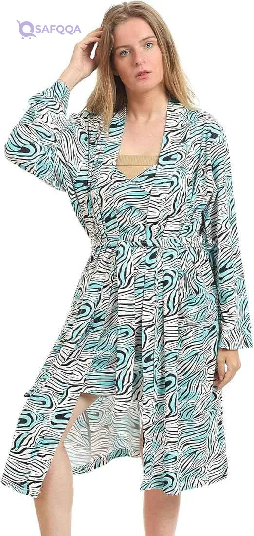 Kady Women Spaghetti Strap Zebra Print Short Nightgown with Robe - Safqqa Egypt
