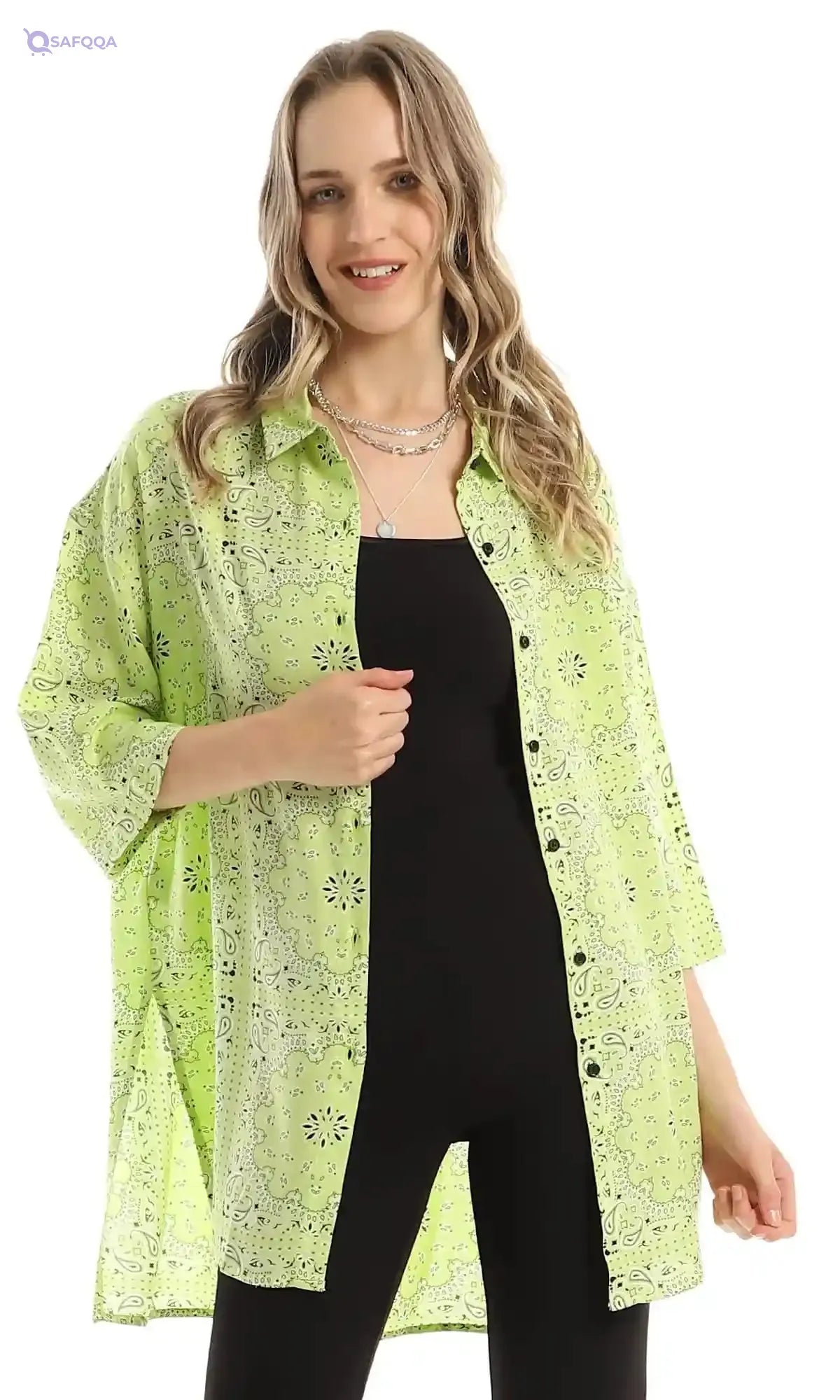 Ravin 97210 Patterned Lime Loose Shirt With Elbow Sleeves - Safqqa Egypt