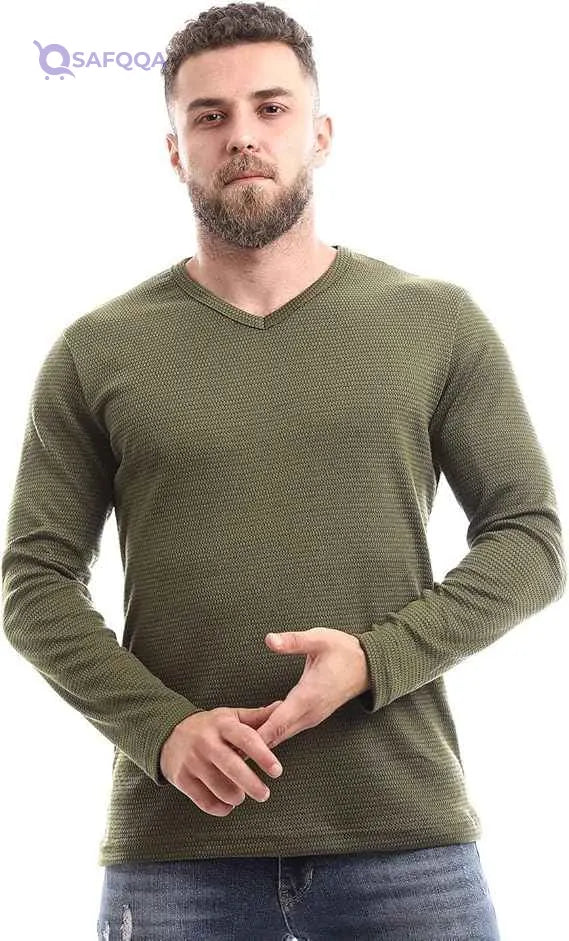 Off Cliff Men’s Plain V-Neck Long Sleeve Casual T-Shirt - Safqqa