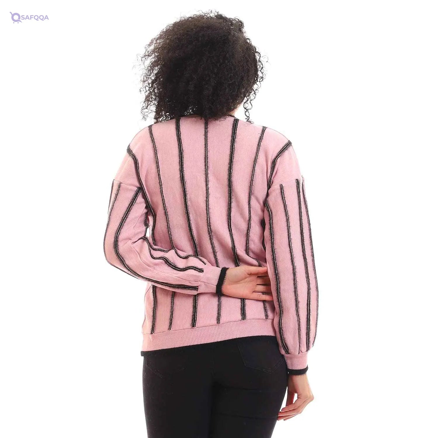 Andora Women’s Wide Striped V-Neck Slip-On Free Size Pullover Sweater - Safqqa