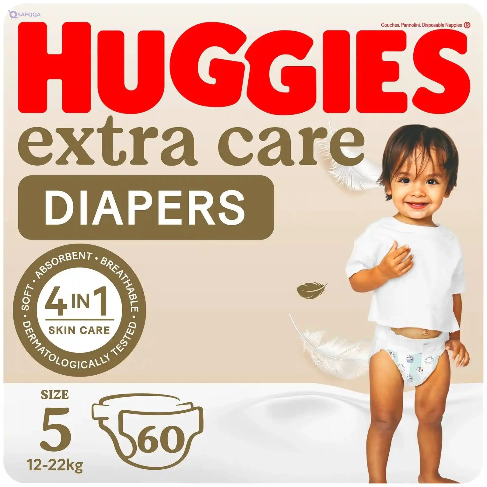 Huggies Extra Care Diapers, Size 5, Jumbo Pack, 12-22 kg, 60 Diapers Made in Europe - Safqqa