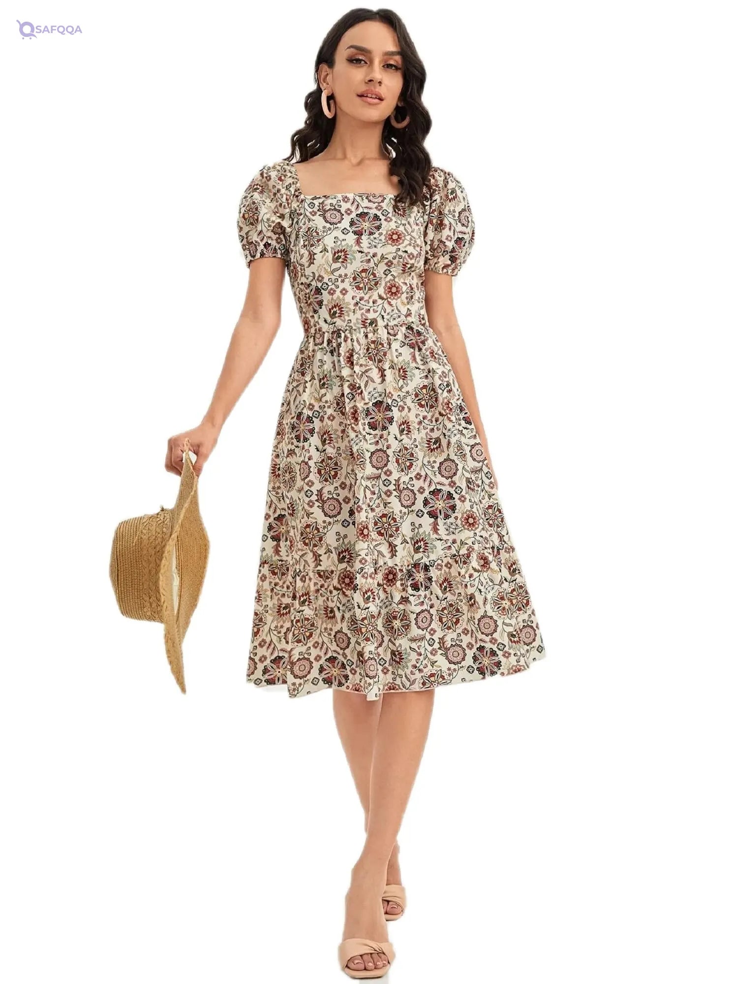 Lymio Women's Square Neck Half Sleeve Polyester Dress - Safqqa