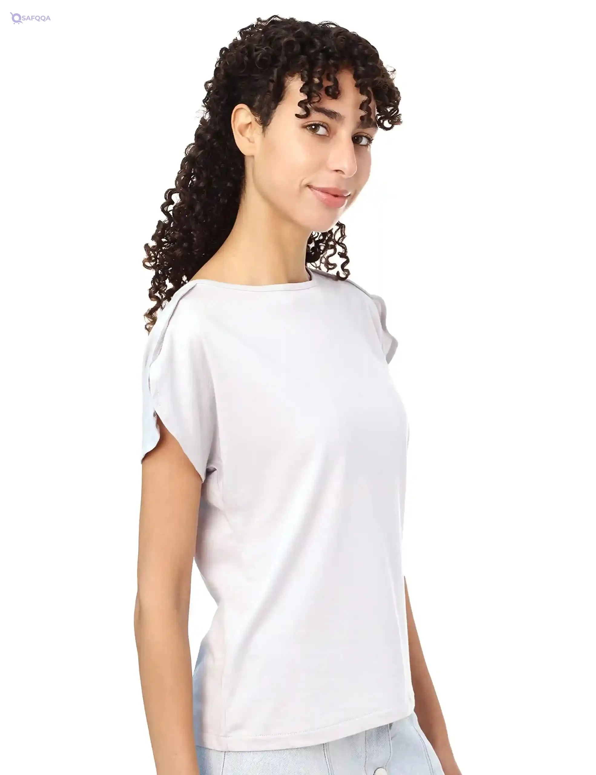 Splash Basic Solid Round-Neck Split Short Sleeves T-shirt For Women - Safqqa Egypt