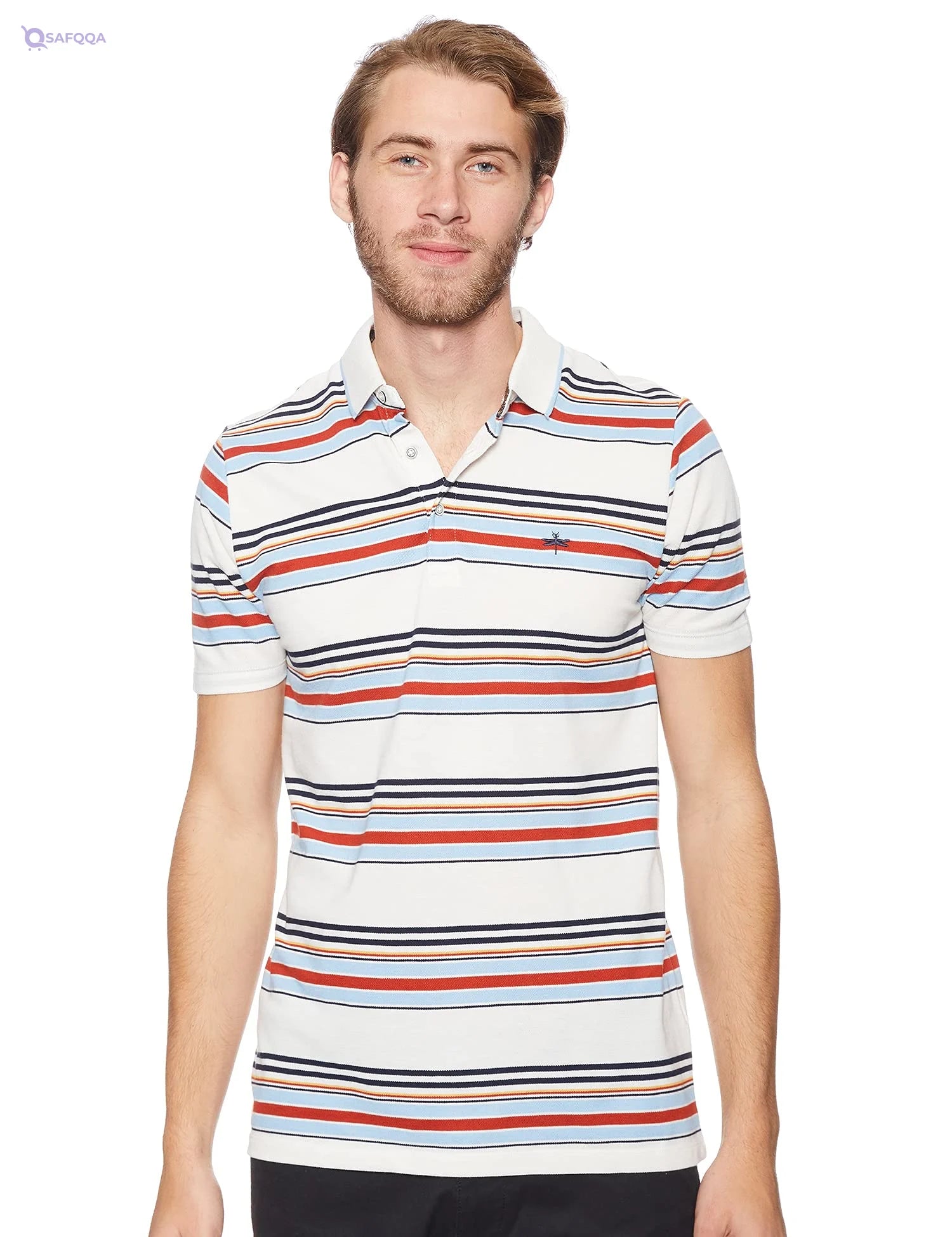 Matalan Cotton Embroidered Dragonfly Short Sleeves Striped Polo Shirt for Men - Safqqa