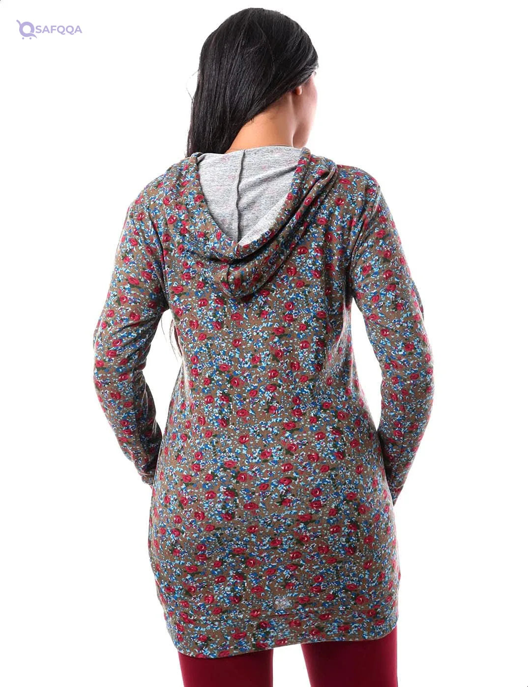 Jamila Women's Cotton Floral Pattern Kangaroo Pocket Longline Hoodie - Safqqa