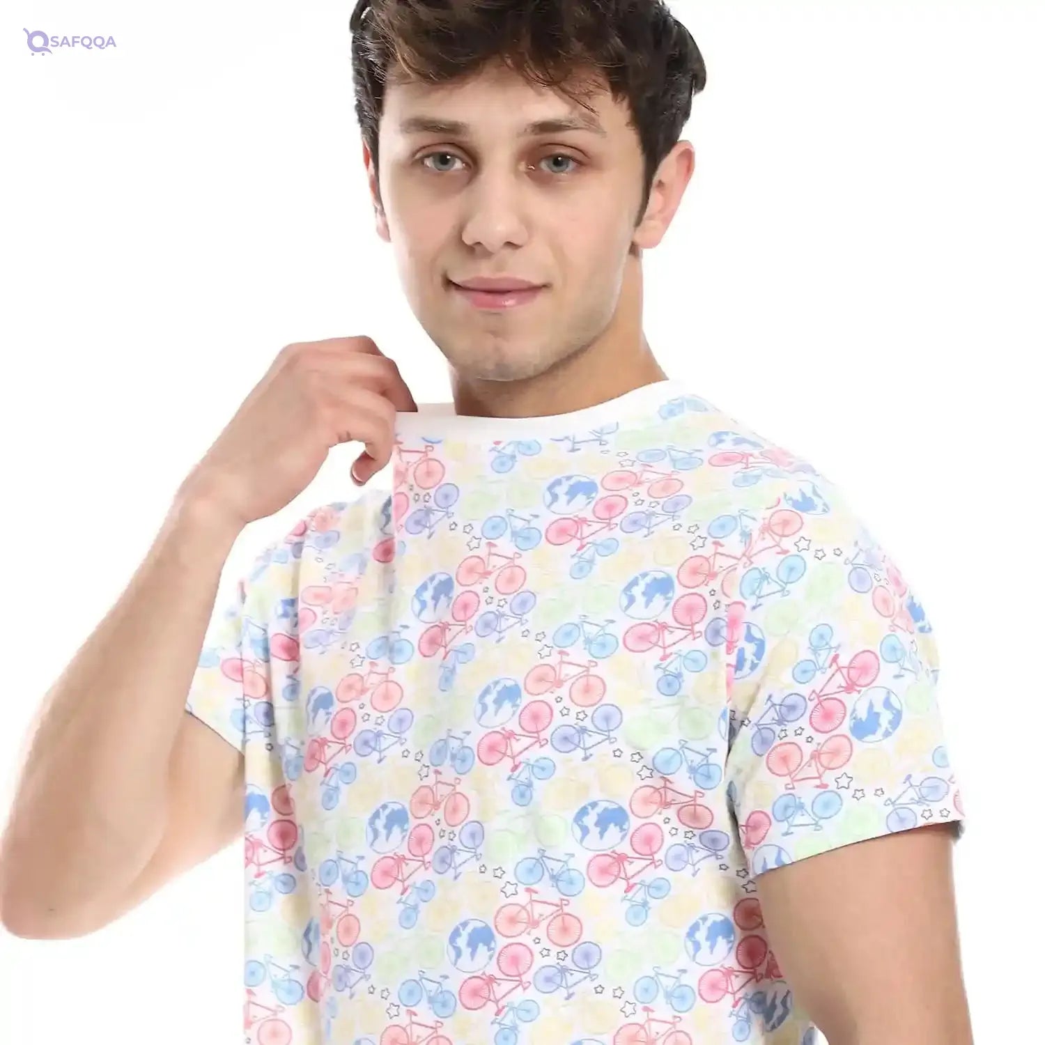 Andora Round Neck Self Pattern Basic Cotton T-Shirt-White-M, Mens - Safqqa Egypt