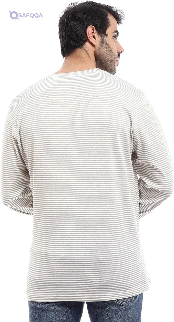 offcliff Men stripped long sleeves henly necktop with side broderie - Safqqa