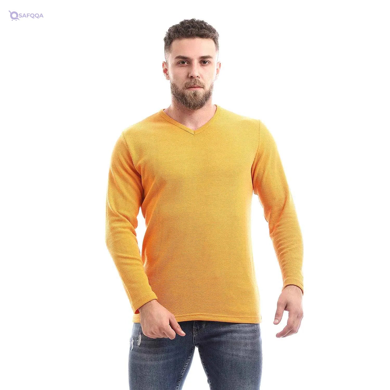 Off Cliff Men’s Plain V-Neck Long Sleeve Casual T-Shirt - Safqqa