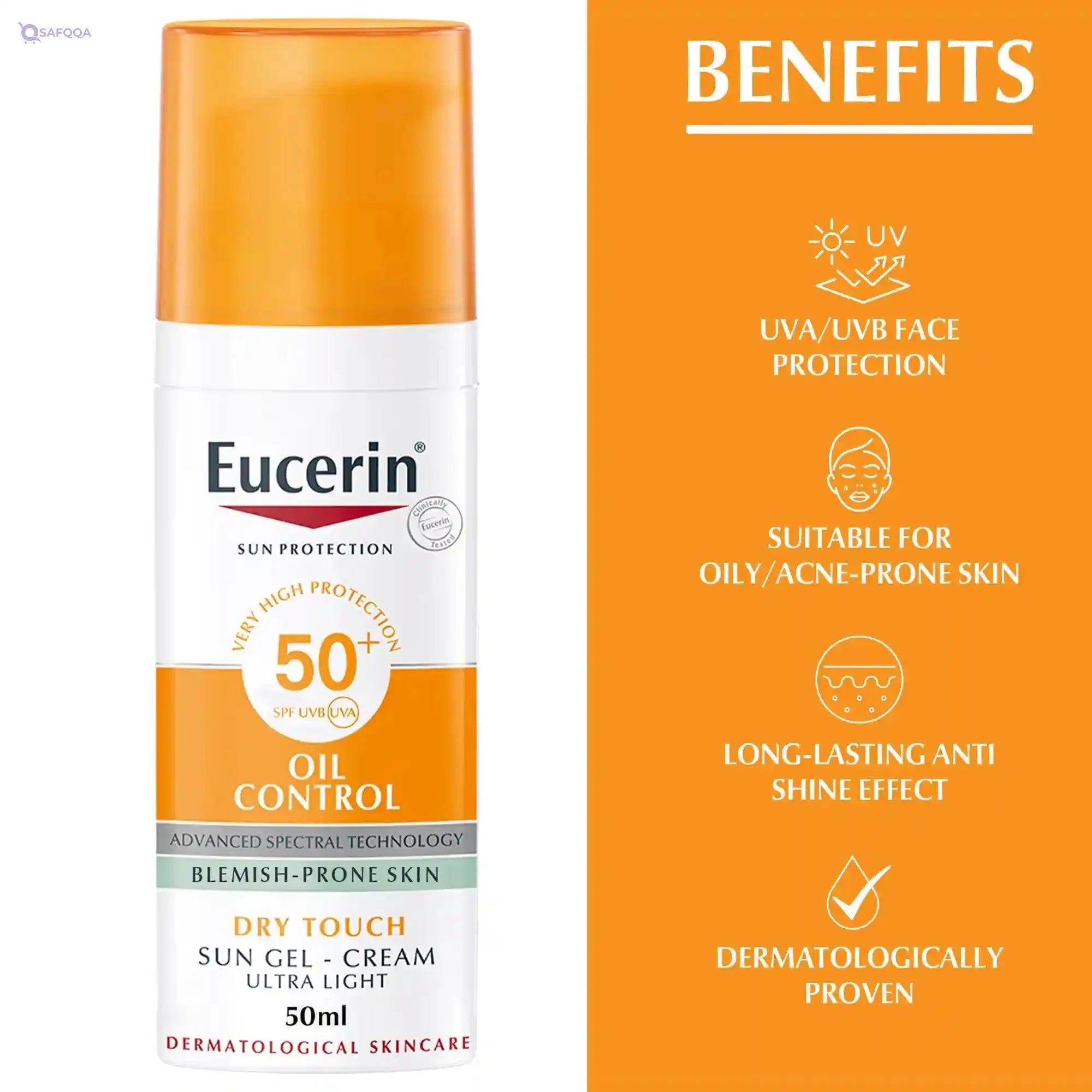 Eucerin Face Sunscreen Oil Control Gel-Cream Dry Touch, High UVA/UVB Protection, SPF 50+, Light Texture Sun Protection, Suitable Under Make-Up, For Oily Acne-Prone Skin, 50ml - Safqqa Egypt