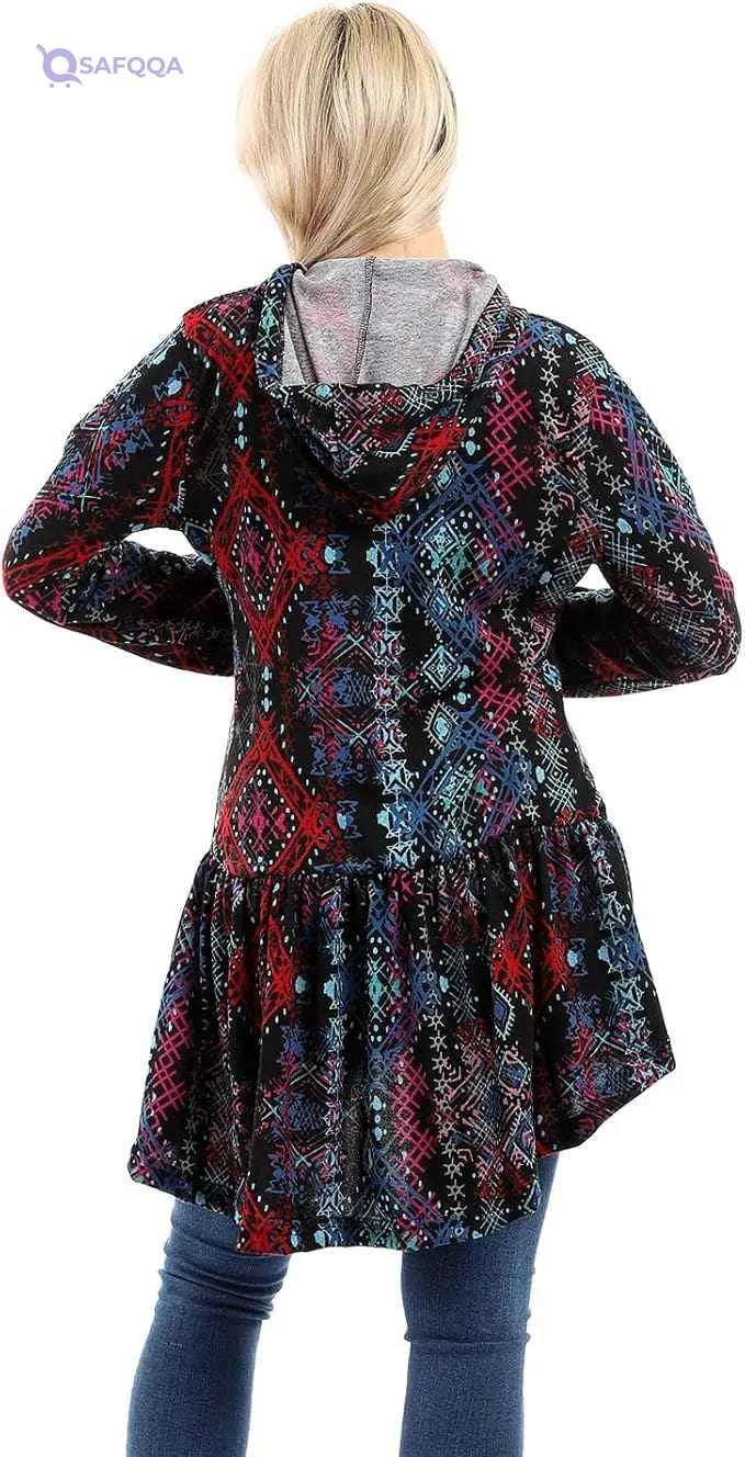 Andora Women’s Patterned Winter Blouse with Hi-Low Ruffle Hem - Safqqa