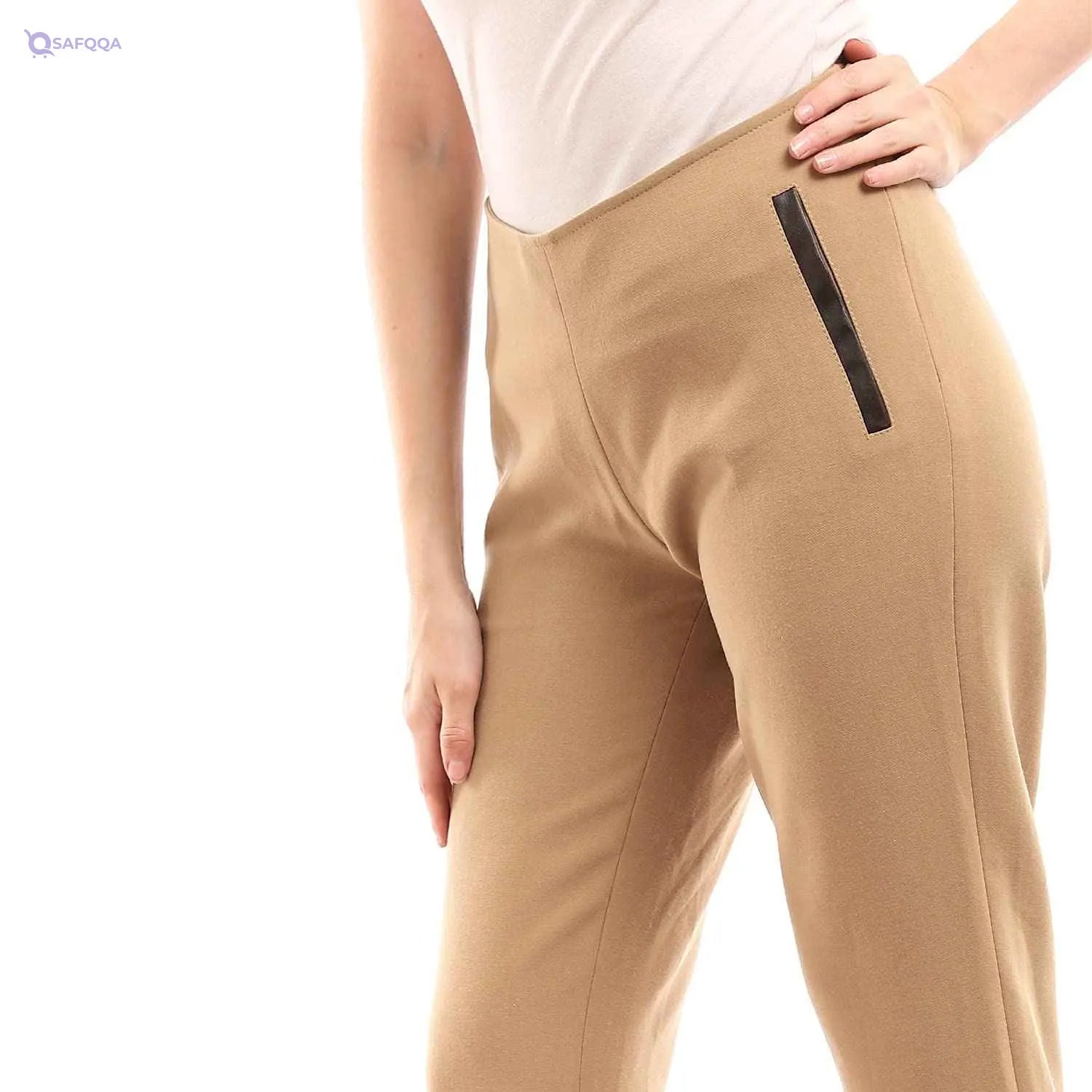 esla_Front Decorative Leather Pants_Dark Beige_size 6 - Safqqa Egypt