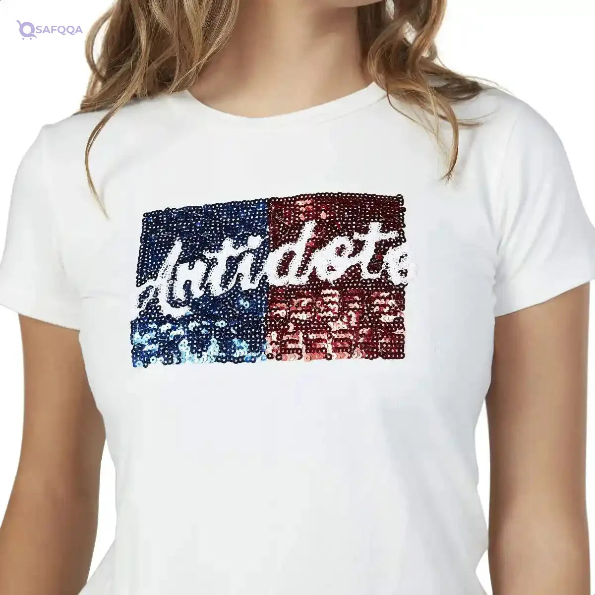Splash Front Sequin Short Sleeves Crew Neck T-shirt for Women - Safqqa Egypt